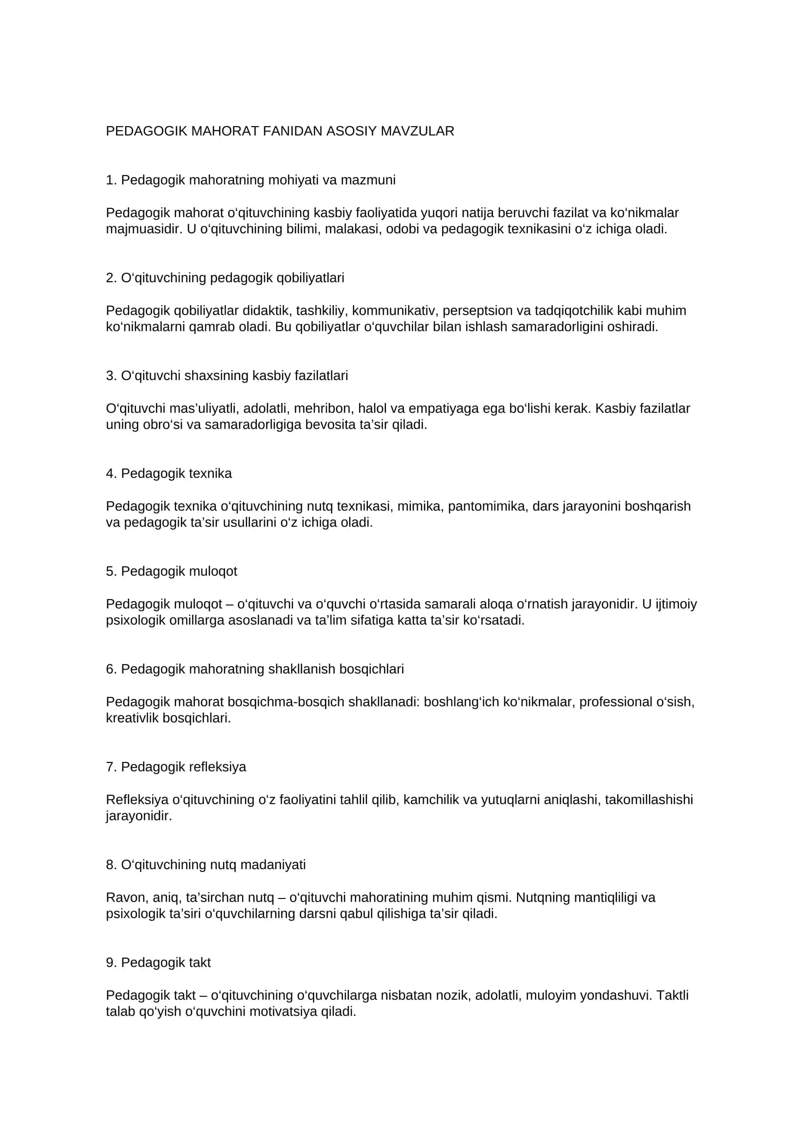 Pedagogik Mahorat Fanidan Asosiy Mavzular 1