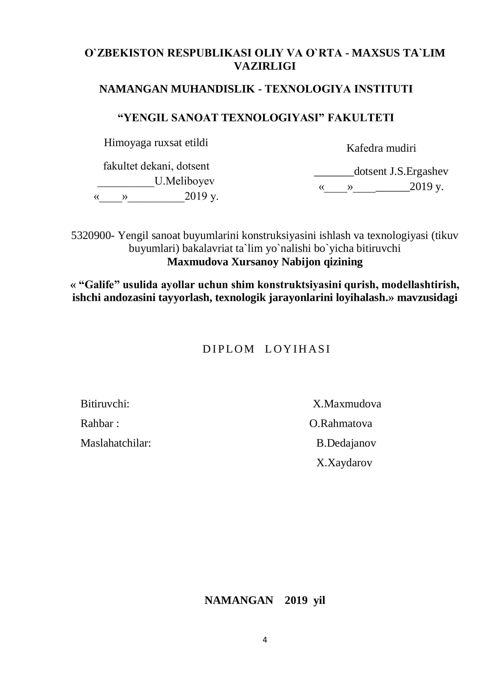Yengil sanoat buyumlarini konstruksiyasini ishlash va texnologiyasi (tikuv buyumlari) bakalavriat ta`lim yo`nalishi bo`yicha bitiruvchi 1