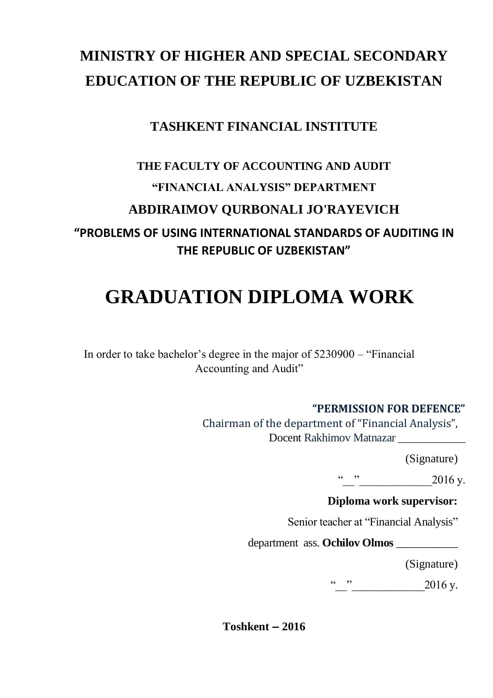 Problems of Using International Standards of Auditing in the Republic of Uzbekistan 1