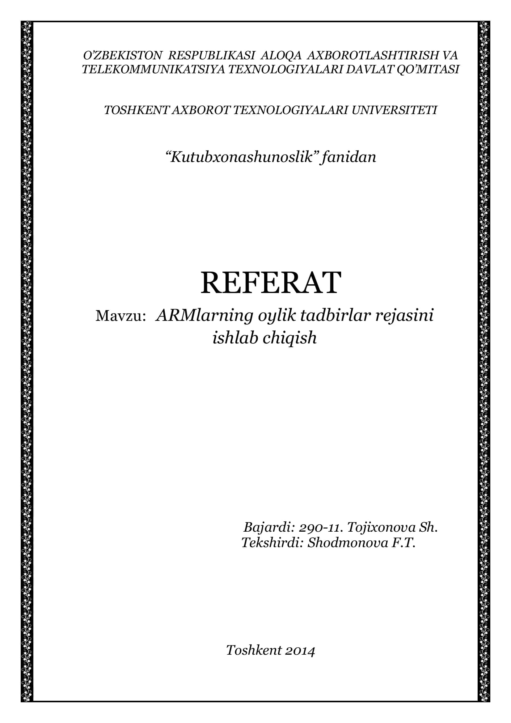 ARMlarning oylik tadbirlar rejasini ishlab chiqish 1