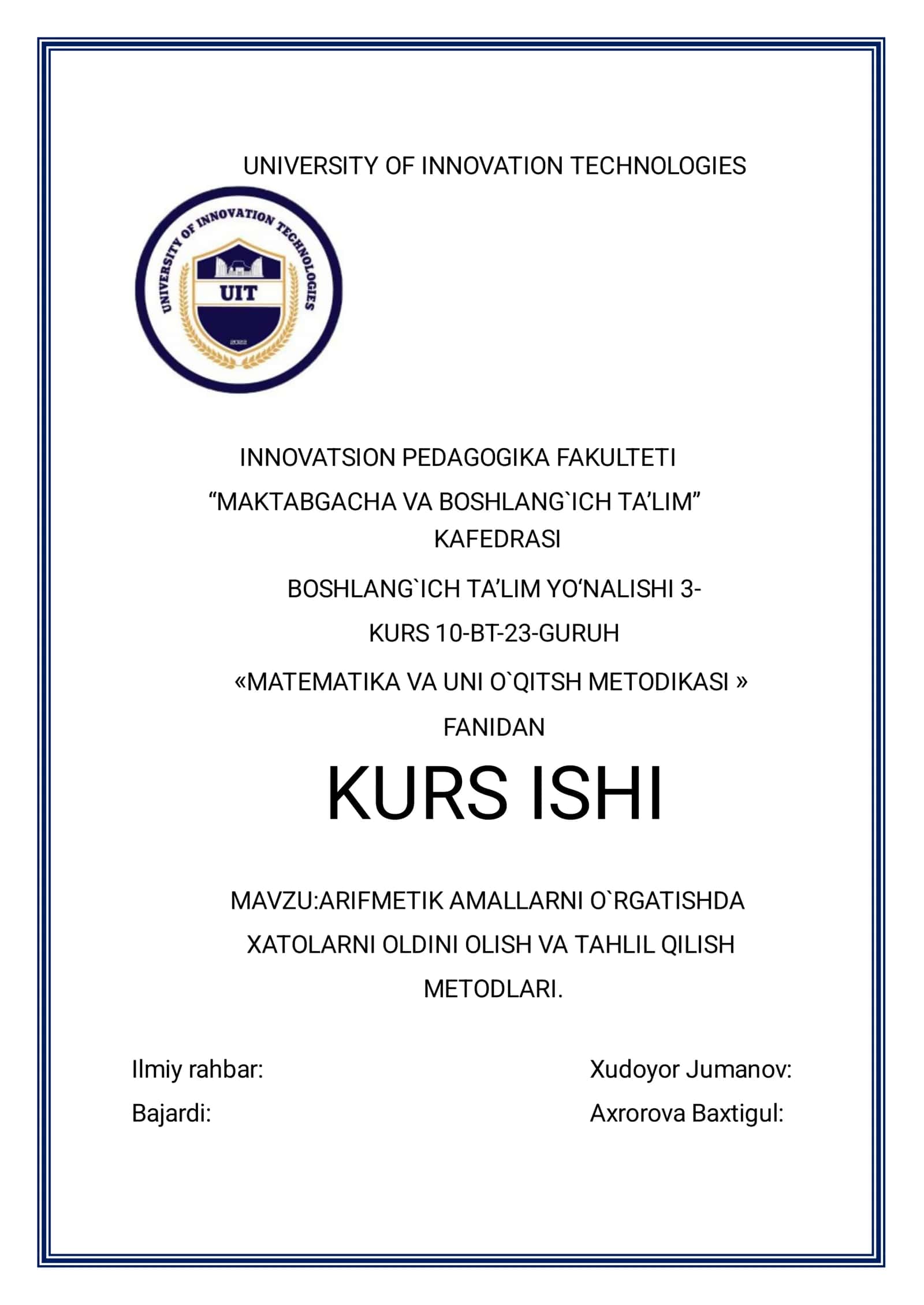 ARIFMETIK AMALLARNI O`RGATISHDA
XATOLARNI OLDINI OLISH VA TAHLIL QILISH
METODLARI. 1