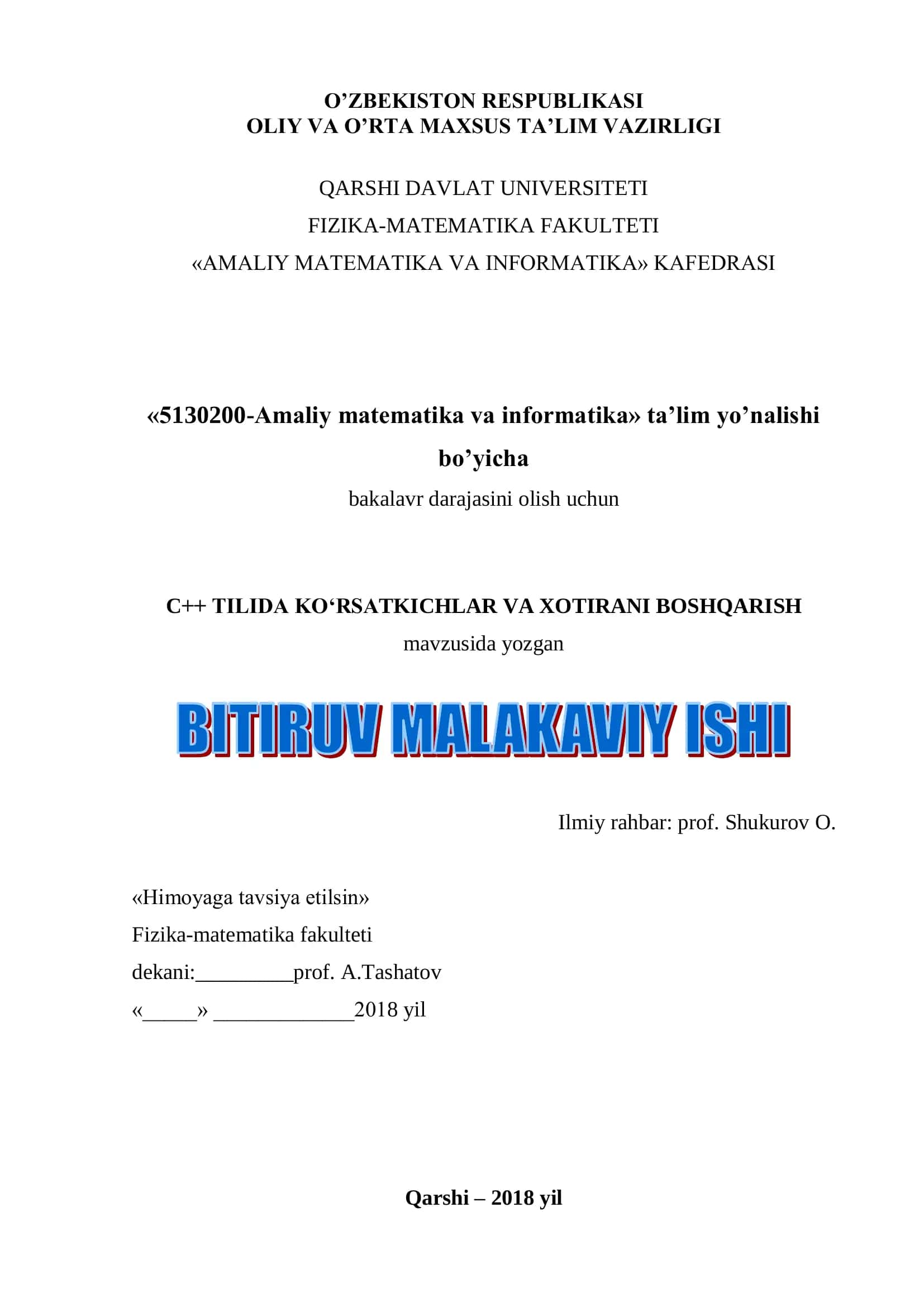 С++ TILIDA KO‘RSATKICHLAR VA XOTIRANI BOSHQARISH 1