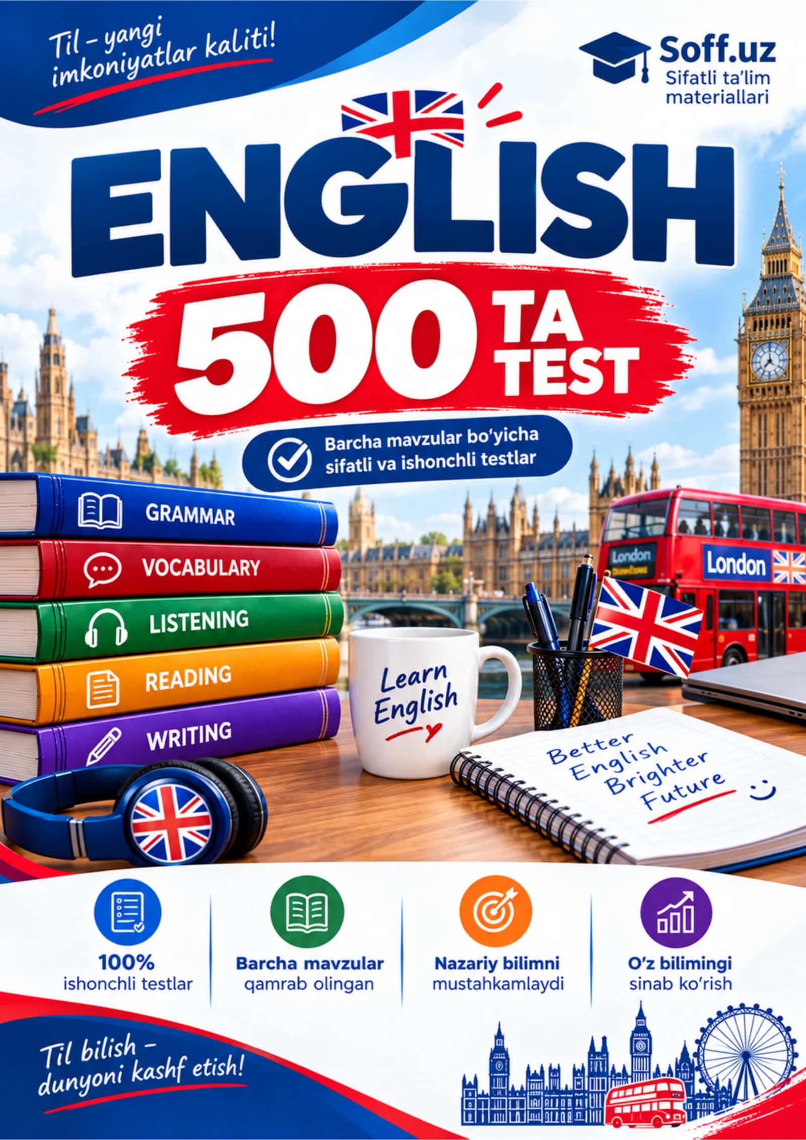 Ingliz tili: 500 ta test — Grammar, Vocabulary va barcha mavzular bo‘yicha testlar 1