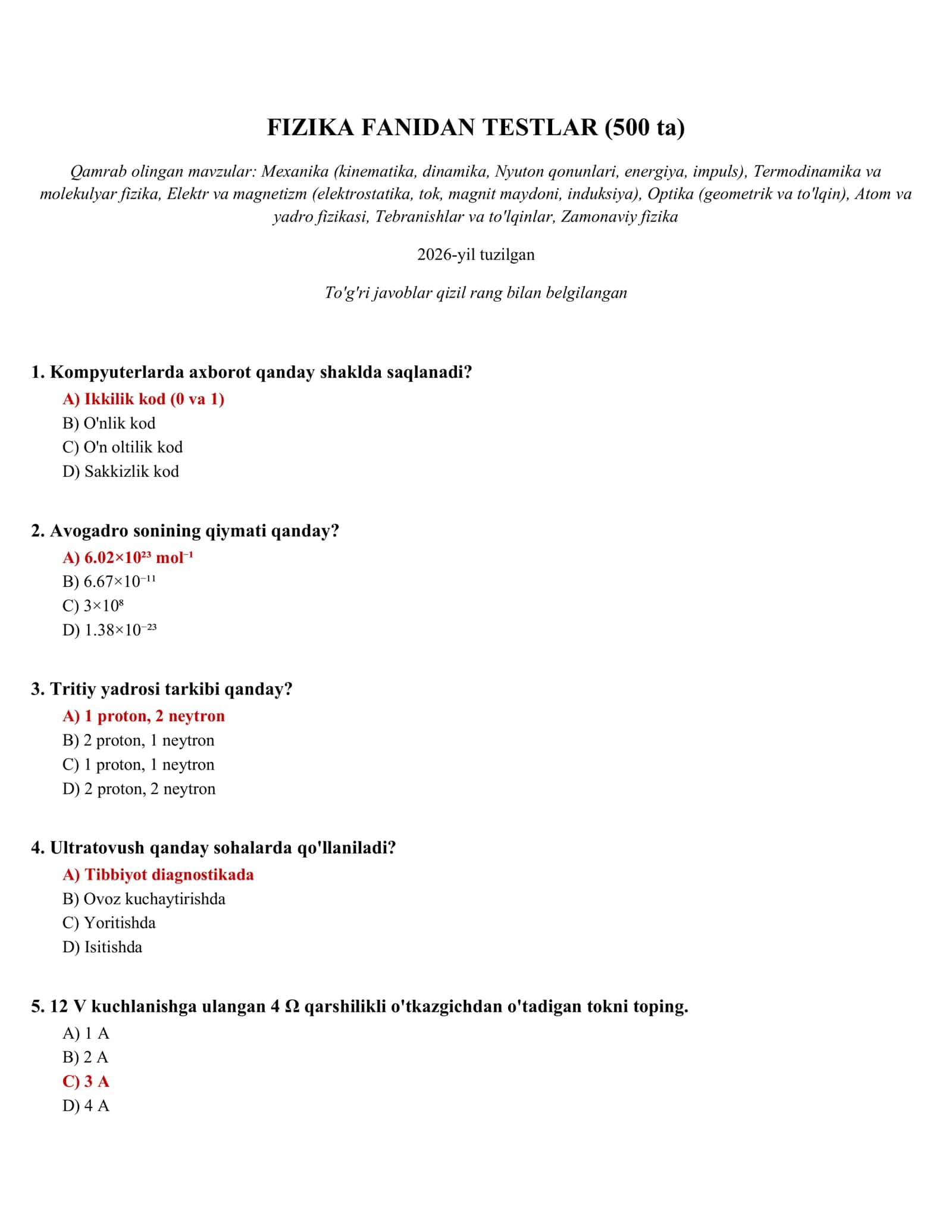 FIZIKA FANIDAN TESTLAR (500 ta) 1