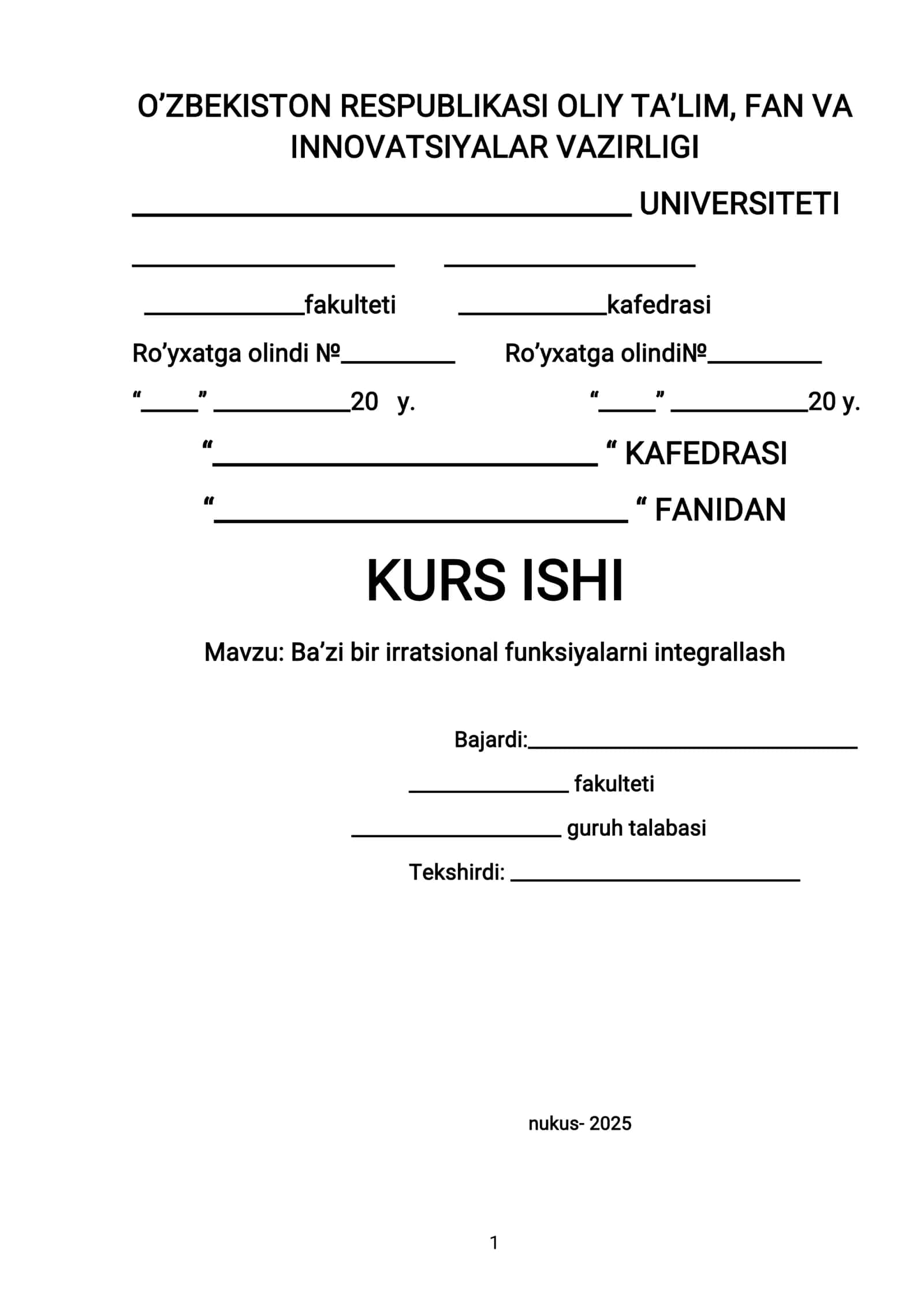 Baʼzi bir irratsional funksiyalarni integrallash 1