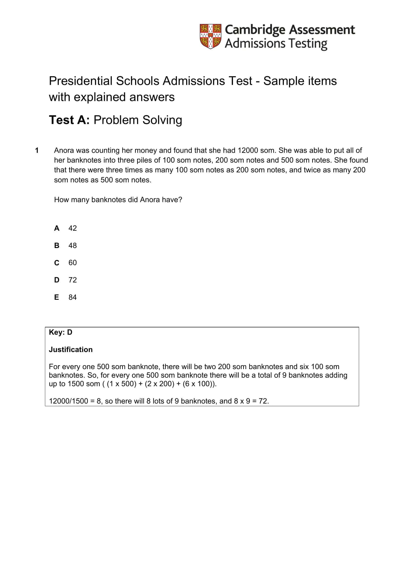 Presidential Schools Admissions Test 1
