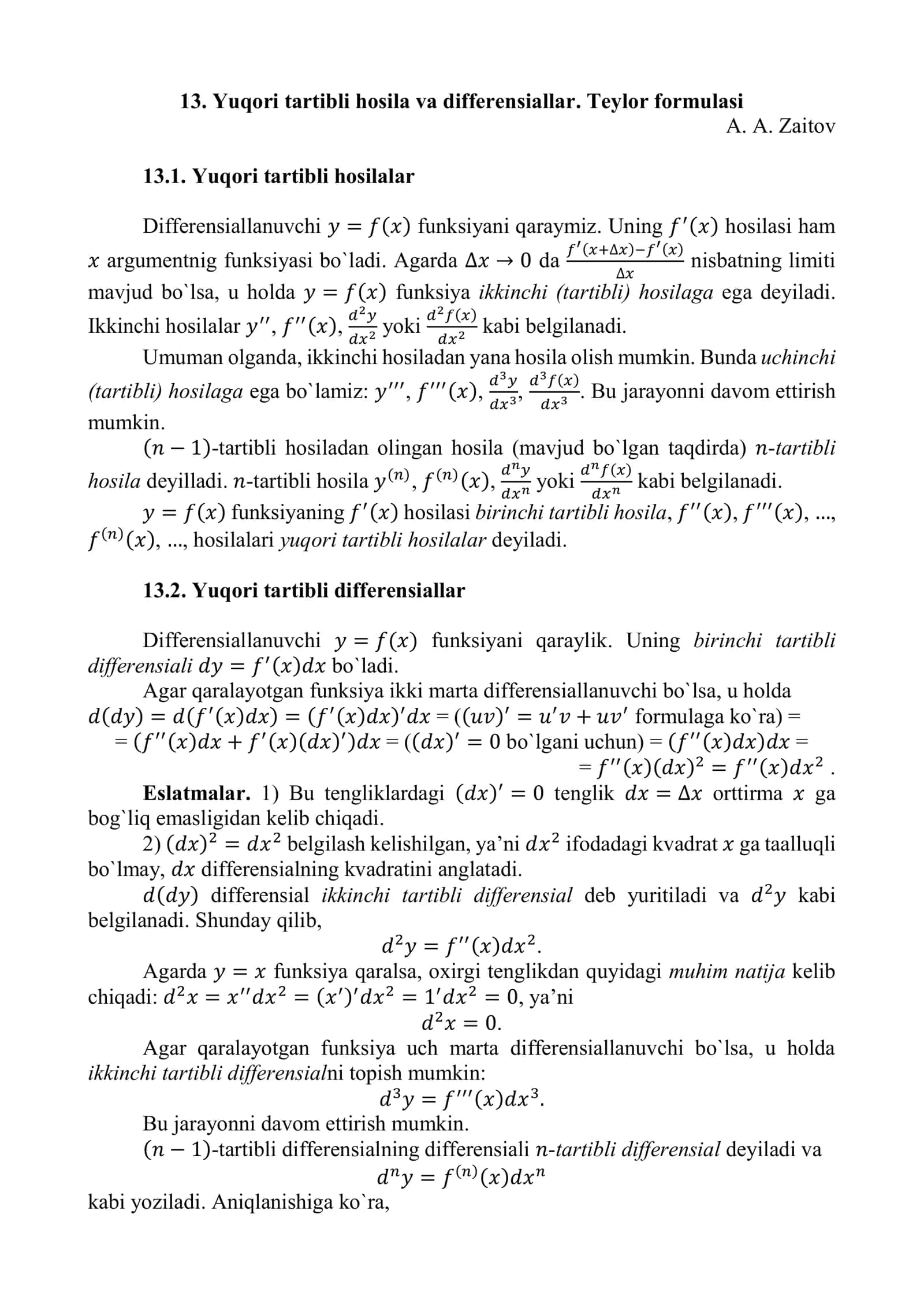 Yuqori tartibli hosila va differensiallar. Teylor formulasi 1