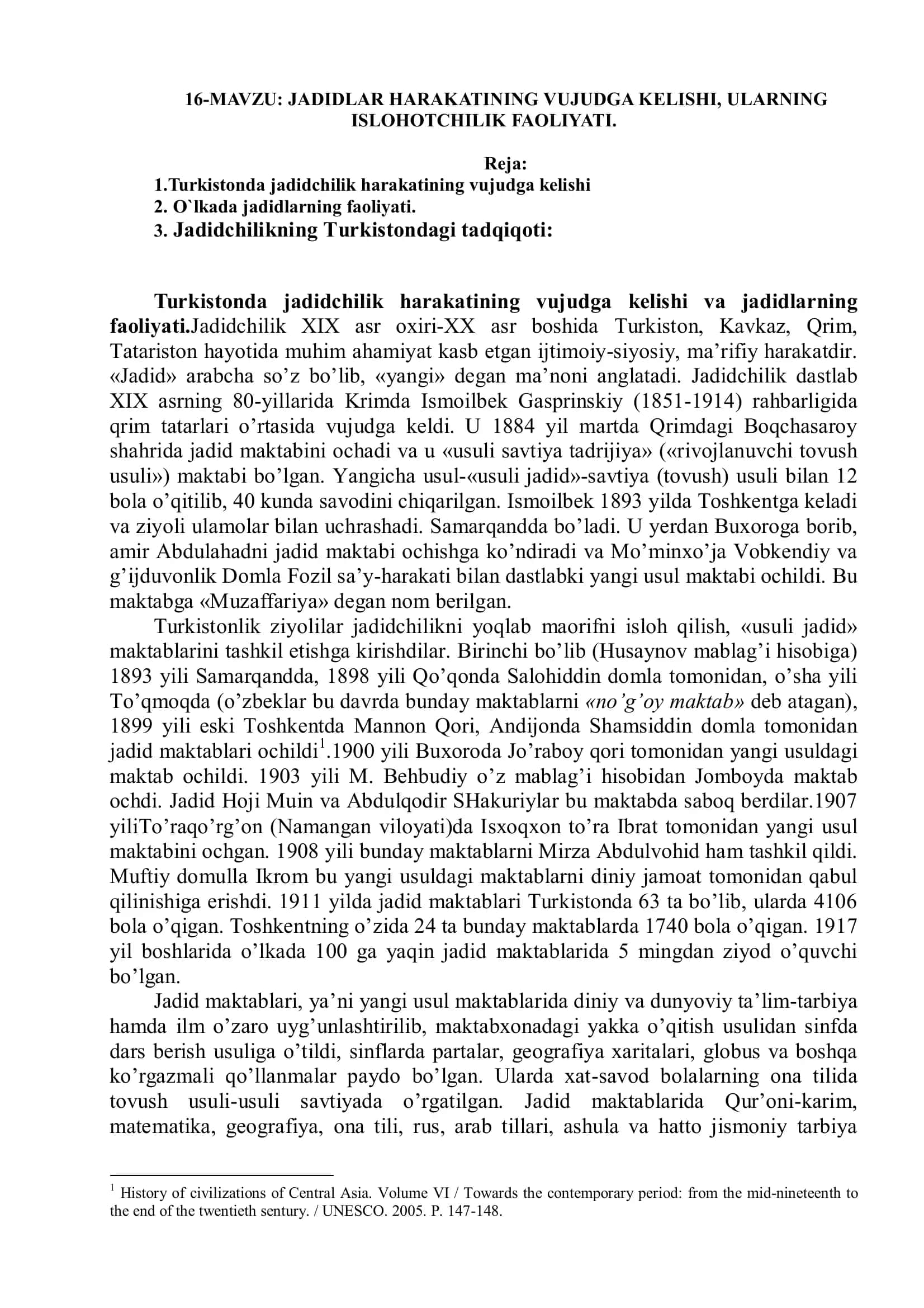JADIDLAR HARAKATINING VUJUDGA KELISHI, ULARNING  ISLOHOTCHILIK FAOLIYATI. 1