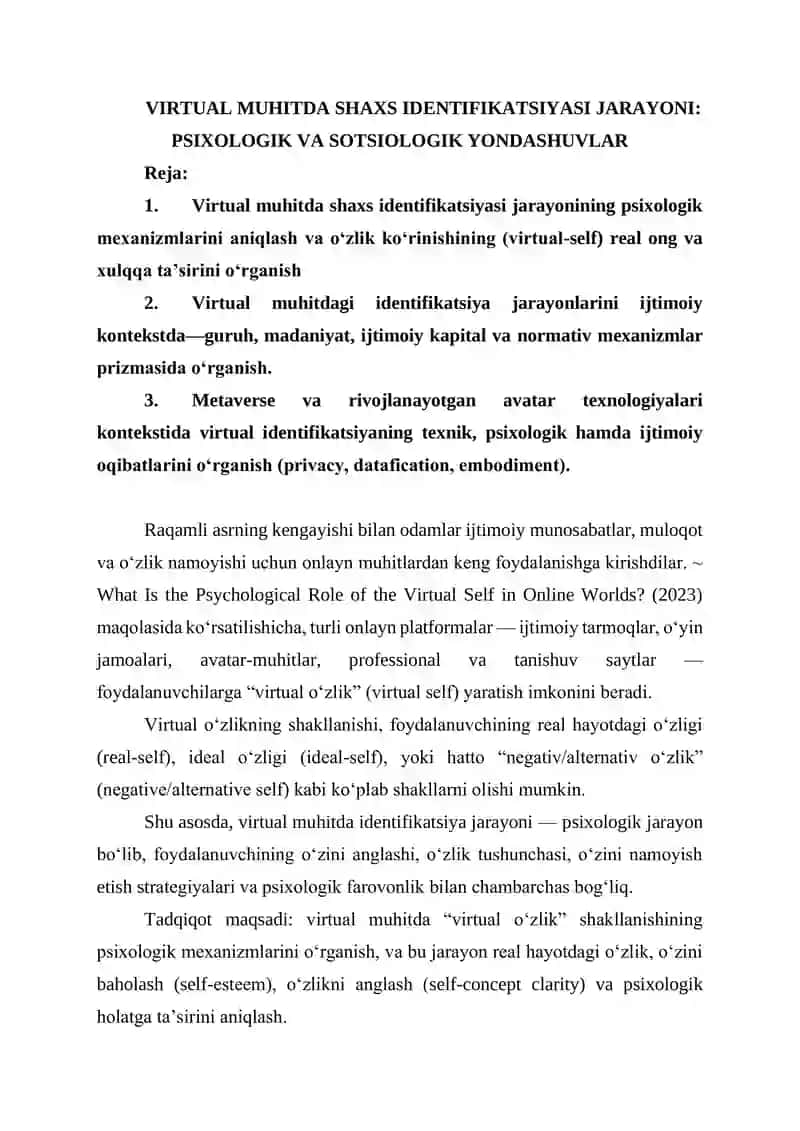 VIRTUAL MUHITDA SHAXS IDENTIFIKATSIYASI JARAYONI: PSIXOLOGIK VA SOTSIOLOGIK YONDASHUVLAR