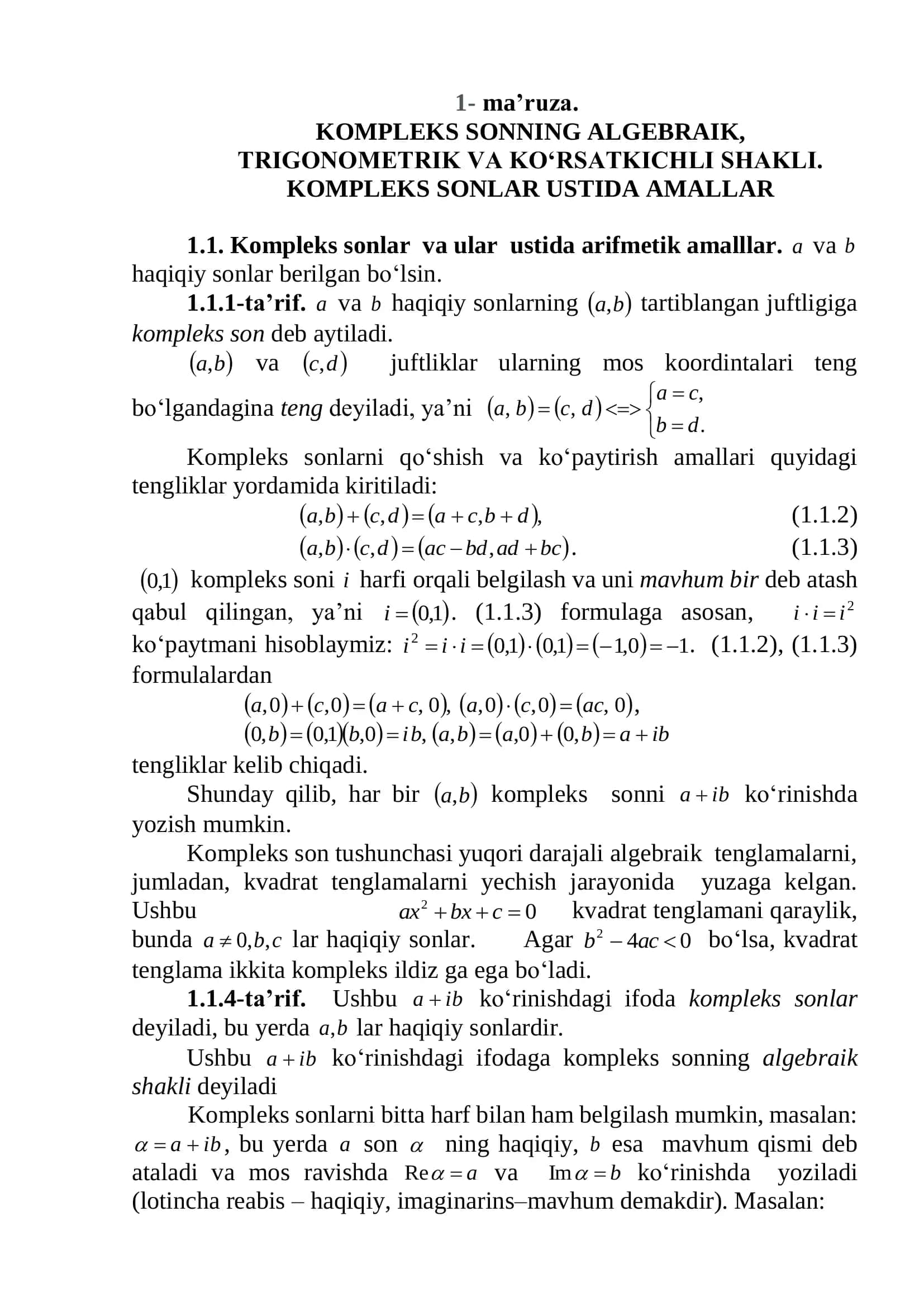 KOMPLEKS SONNING ALGEBRAIK, TRIGONOMETRIK VA KO‘RSATKICHLI SHAKLI. KOMPLEKS SONLAR USTIDA AMALLAR 1