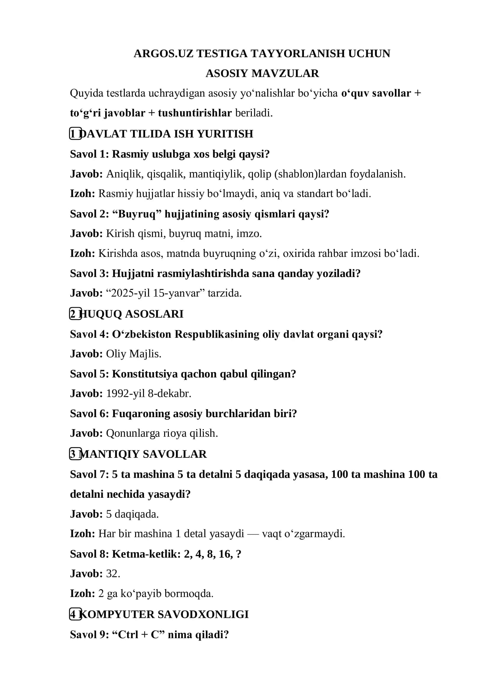 ARGOS.UZ TESTIGA TAYYORLANISH UCHUN 1