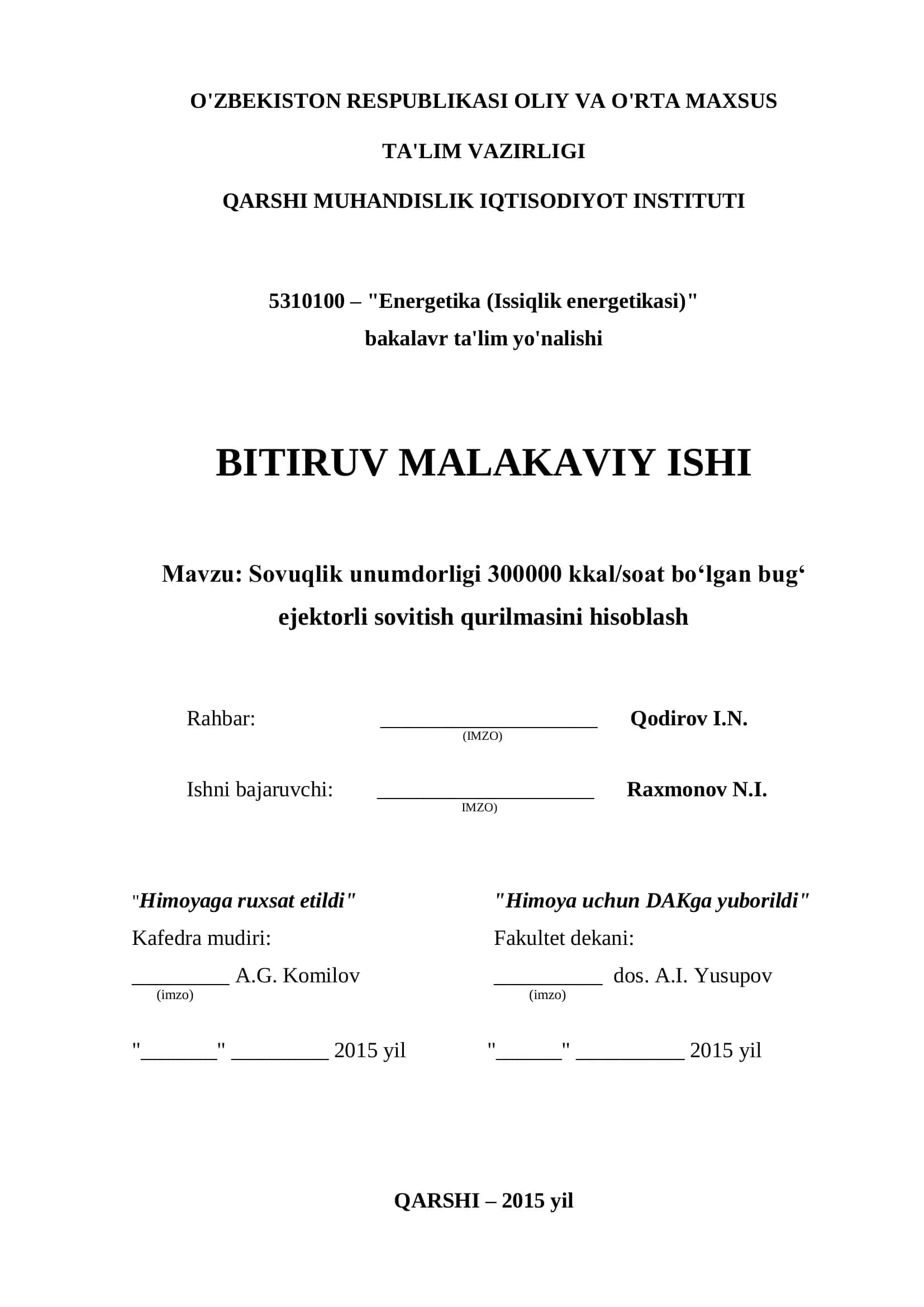 Sovuqlik unumdorligi 300000 kkal/soat bо‘lgan bug' 1