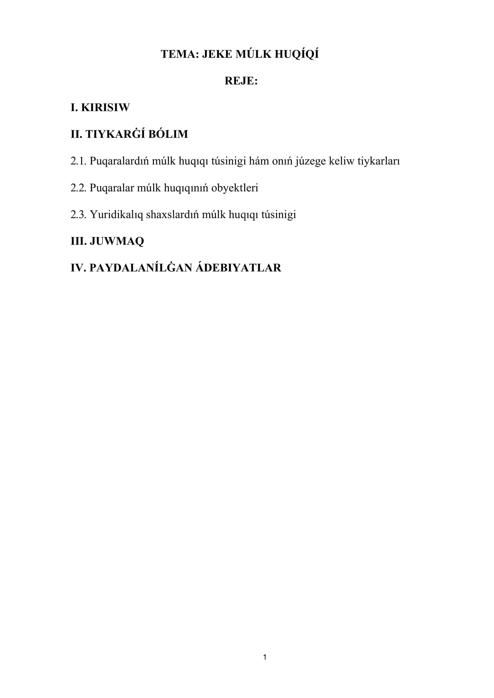 Jeke múlk huqıqı REFERAT 1
