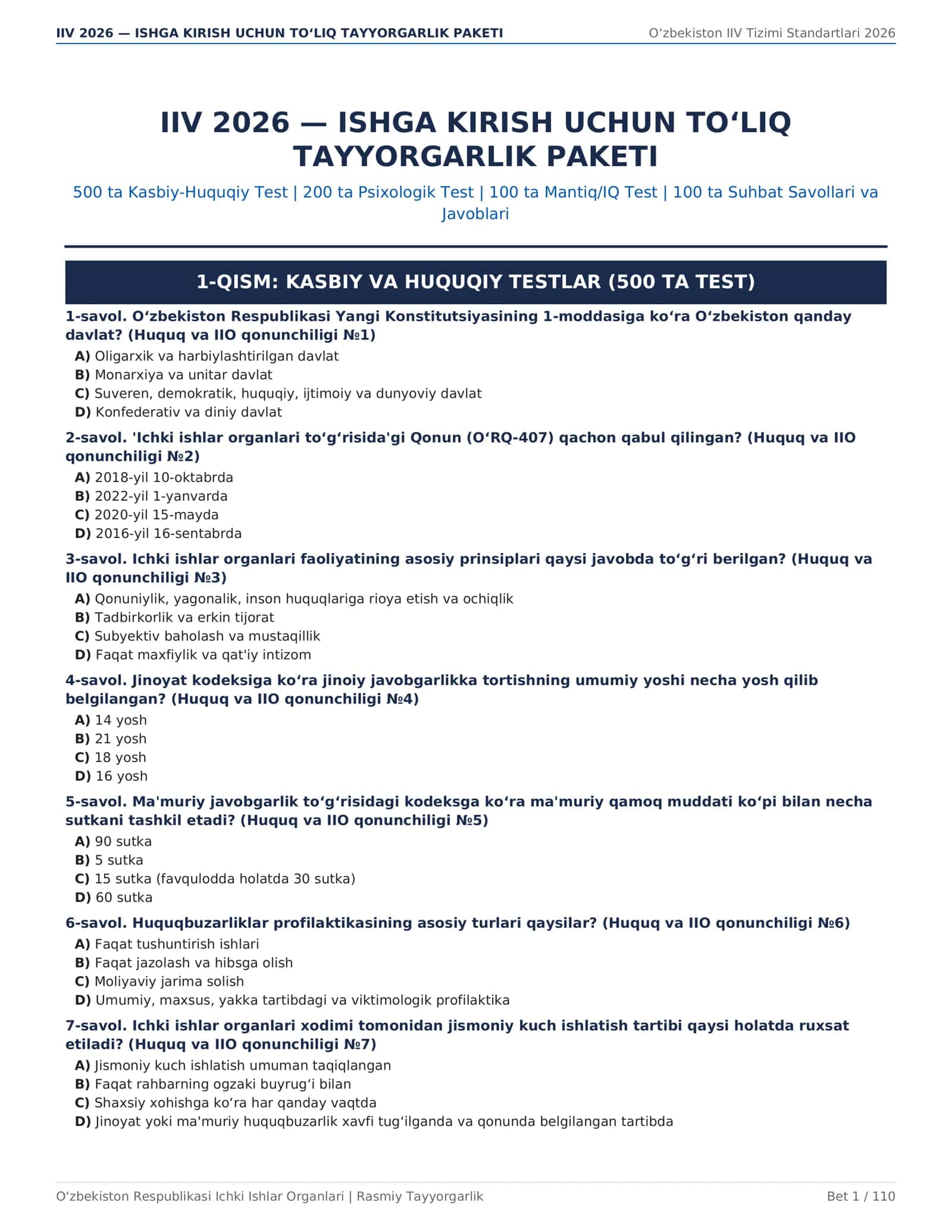 IIV 2026 — ISHGA KIRISH UCHUN TO‘LIQ TAYYORGARLIK PAKETI 1