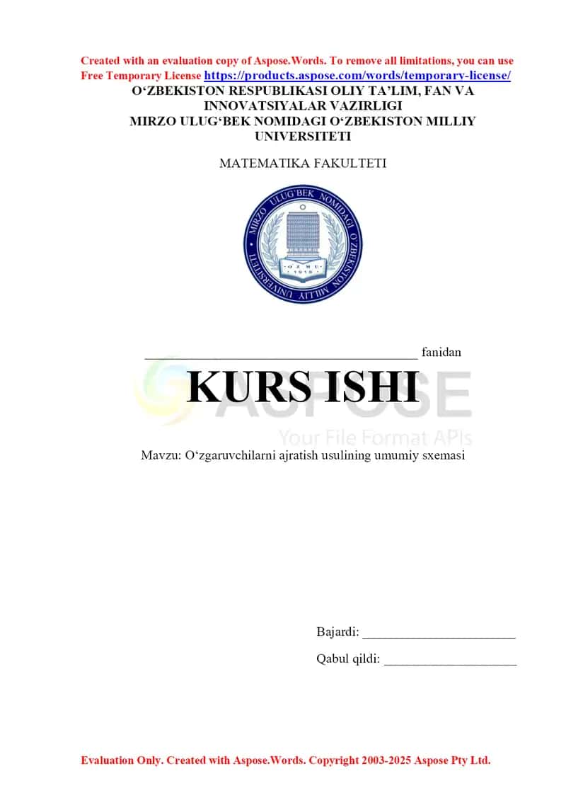 O‘zgaruvchilarni ajratish usulining umumiy sxemasi 1