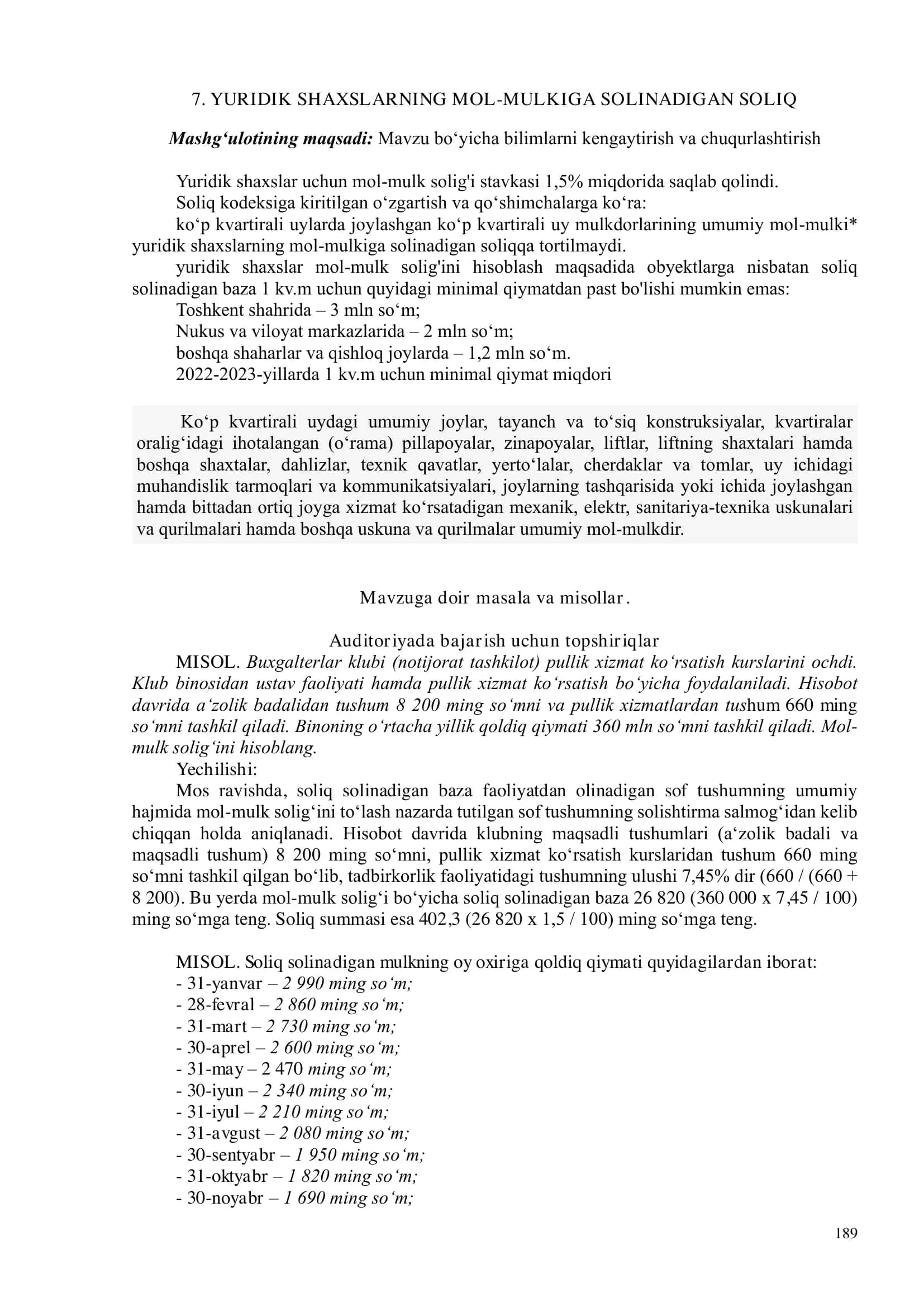 Yuridik shaxslar uchun mol-mulk solig'i stavkasi 1