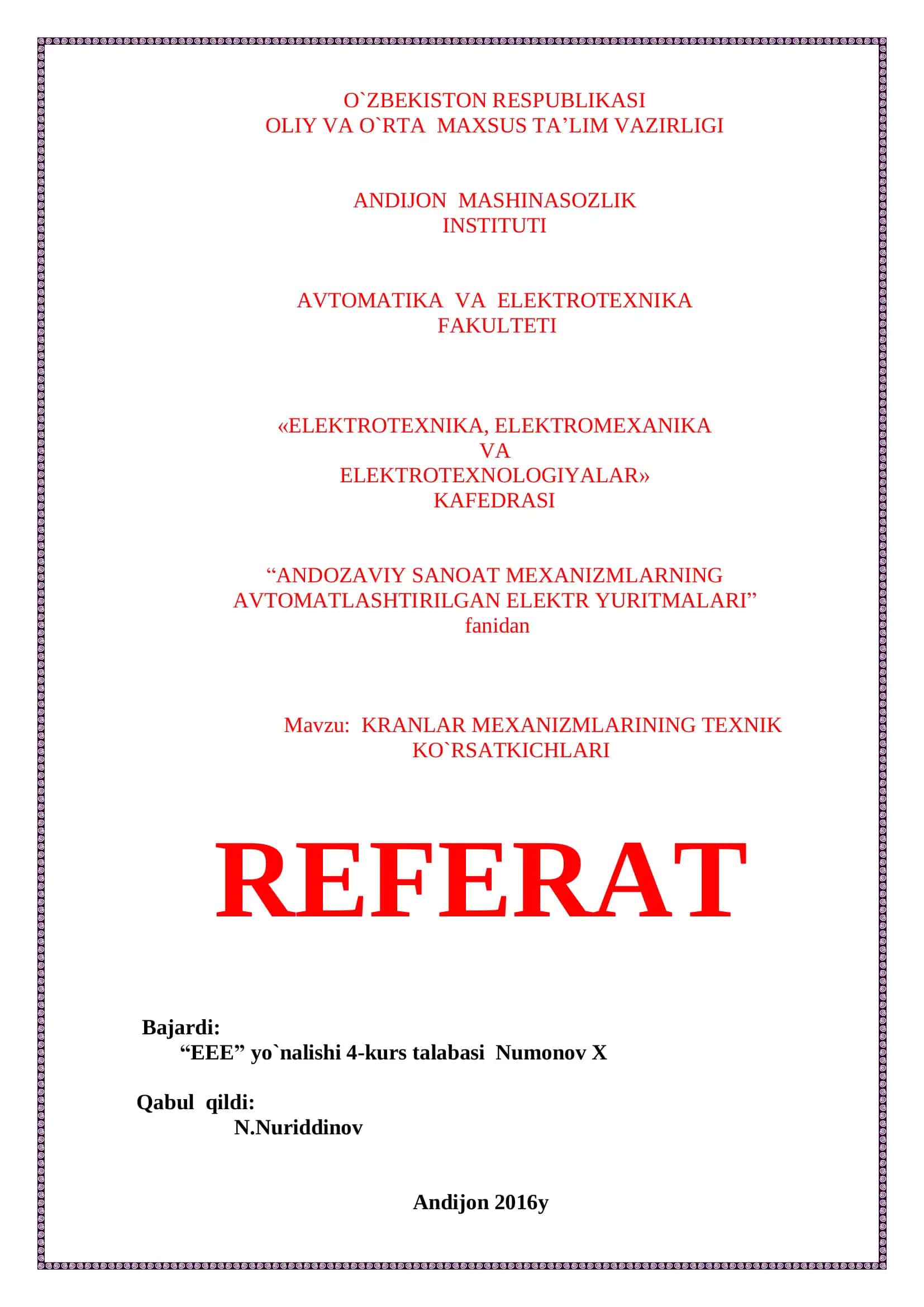 KRANLAR MEXANIZMLARINING TEXNIK KO`RSATKICHLARI 1