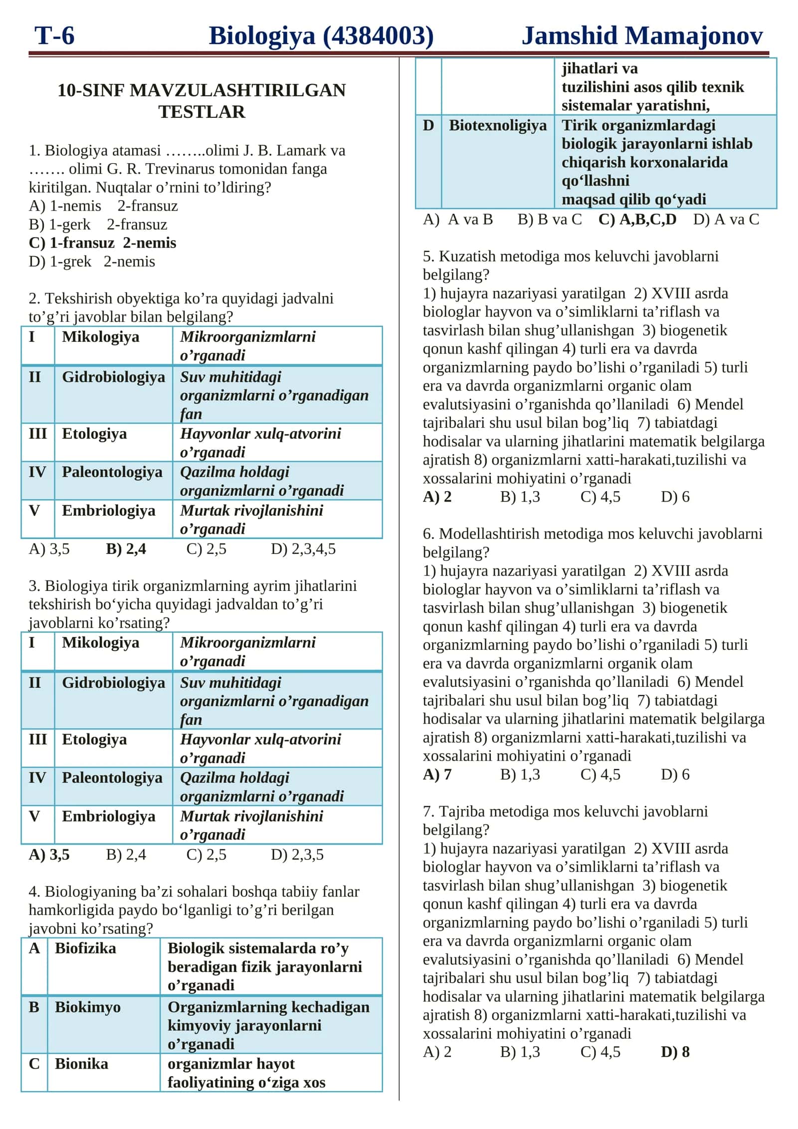 10-SINF MAVZULASHTIRILGAN TESTLAR 1