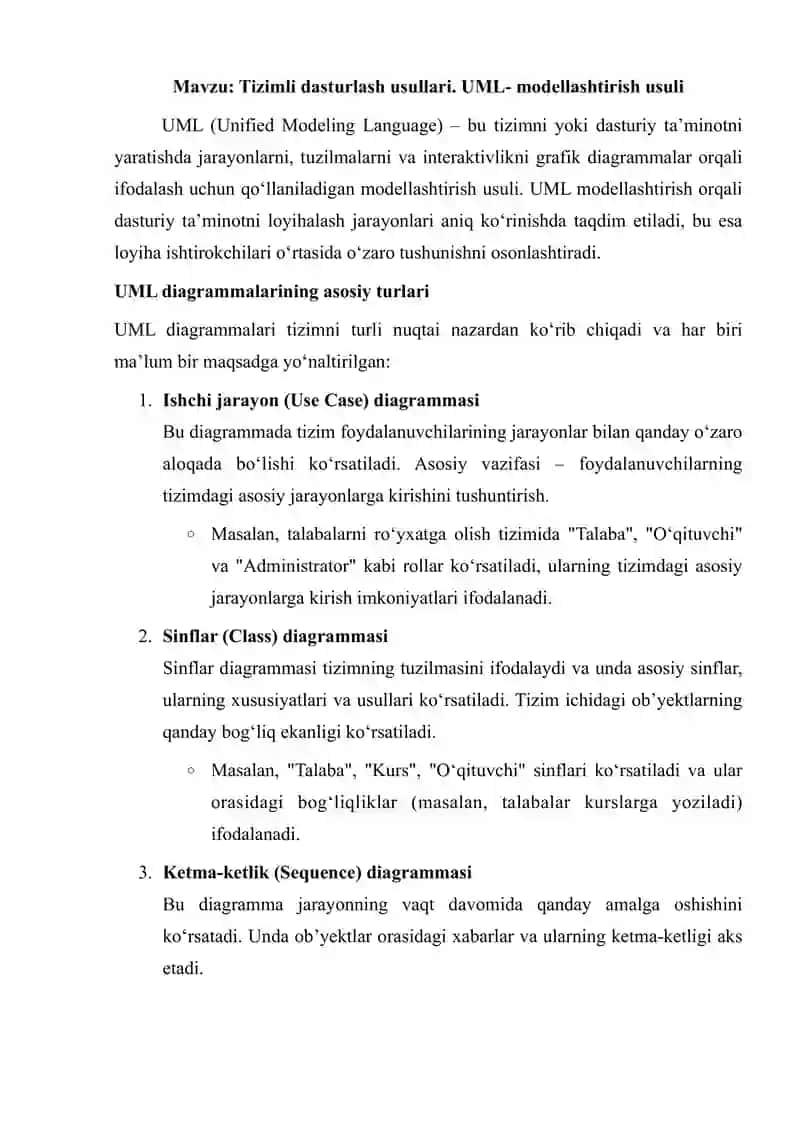 Tizimli dasturlash usullari. UML- modellashtirish usuli