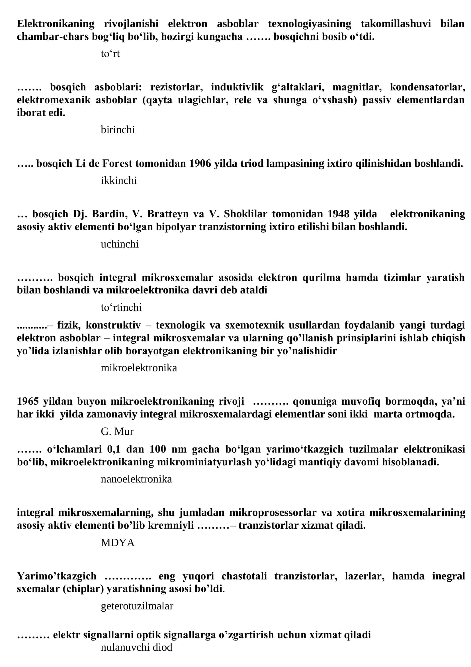 Elektronika va sxemalar 2 test savollari javoblari 1