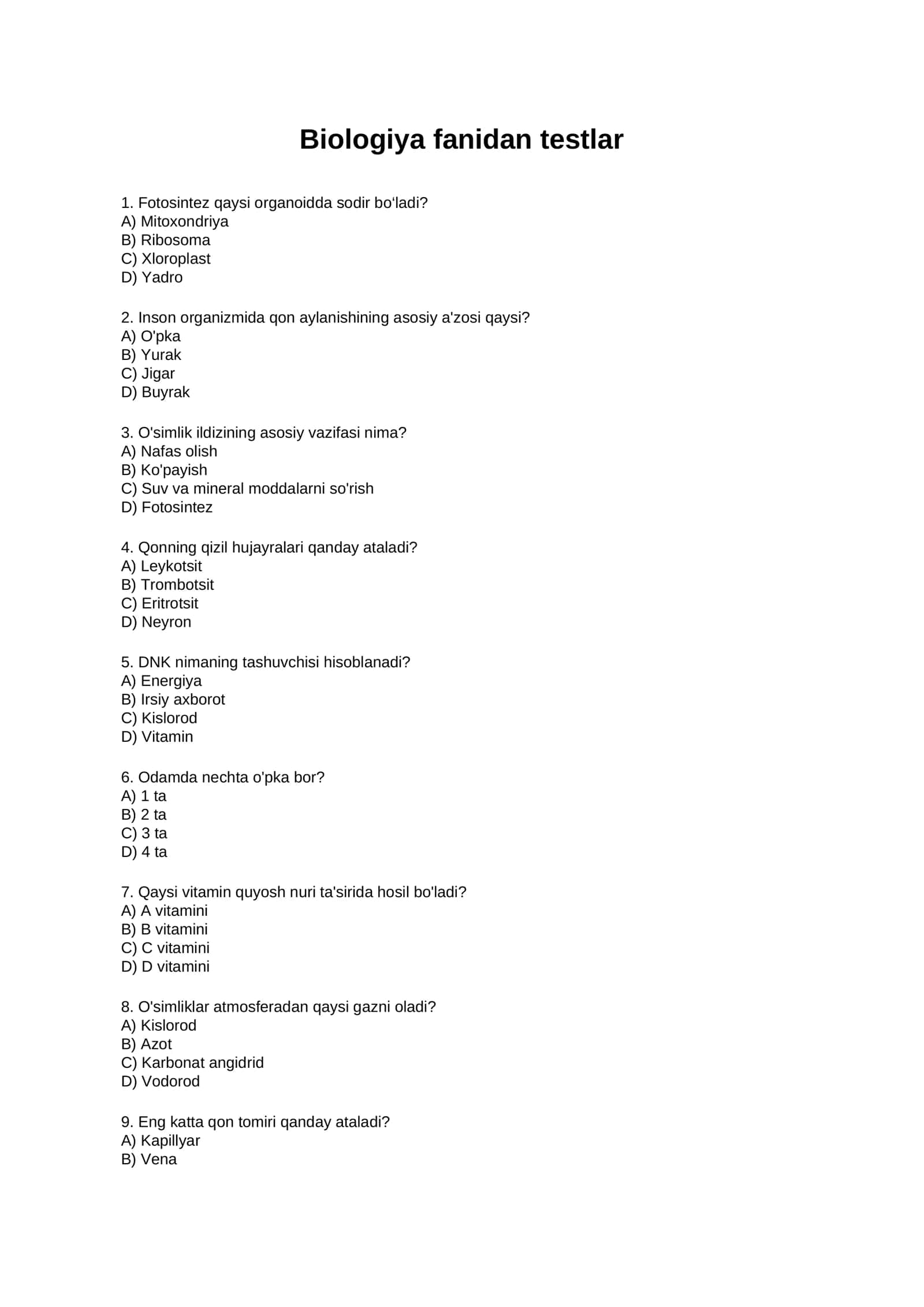 Biologiya fanidan testlar 1