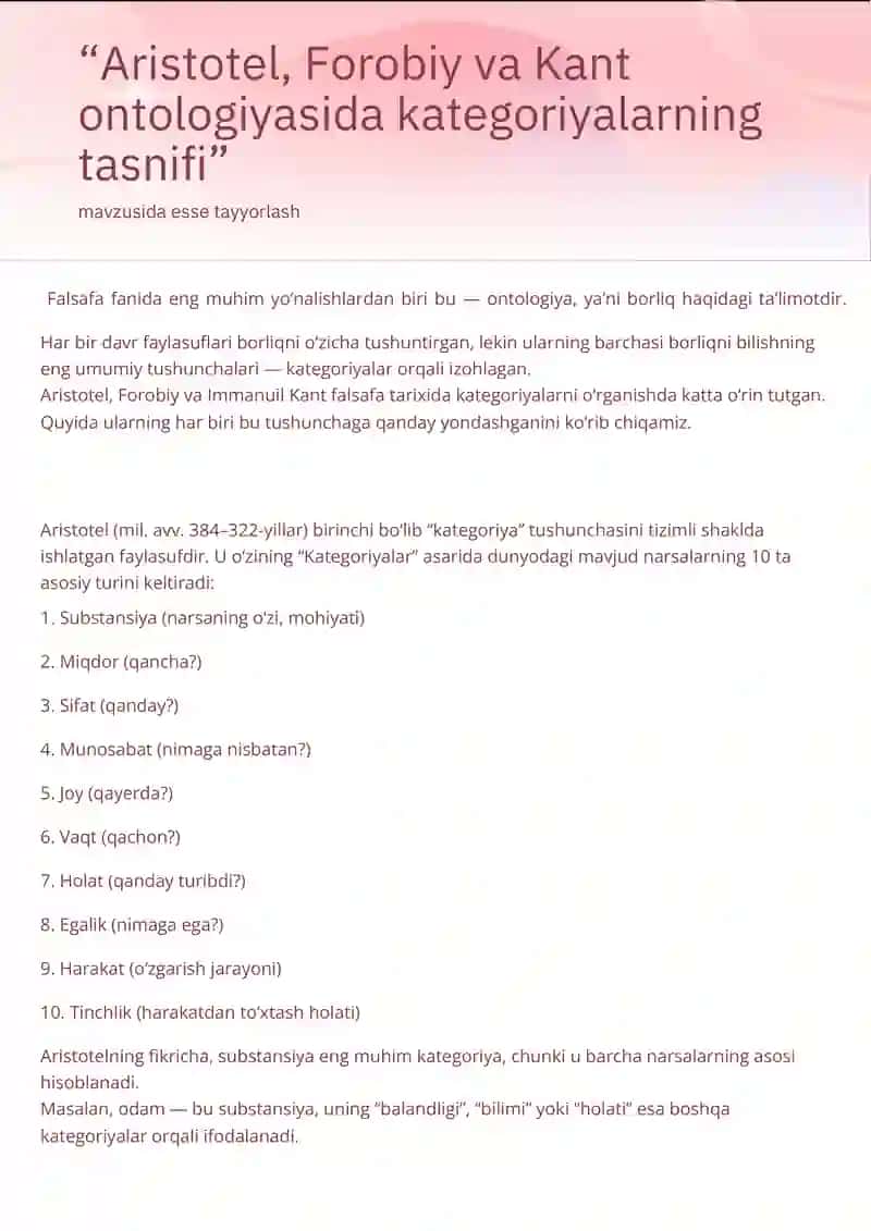 Aristotel, Forobiy va Kant ontologiyasida kategoriyalarning tasnifi