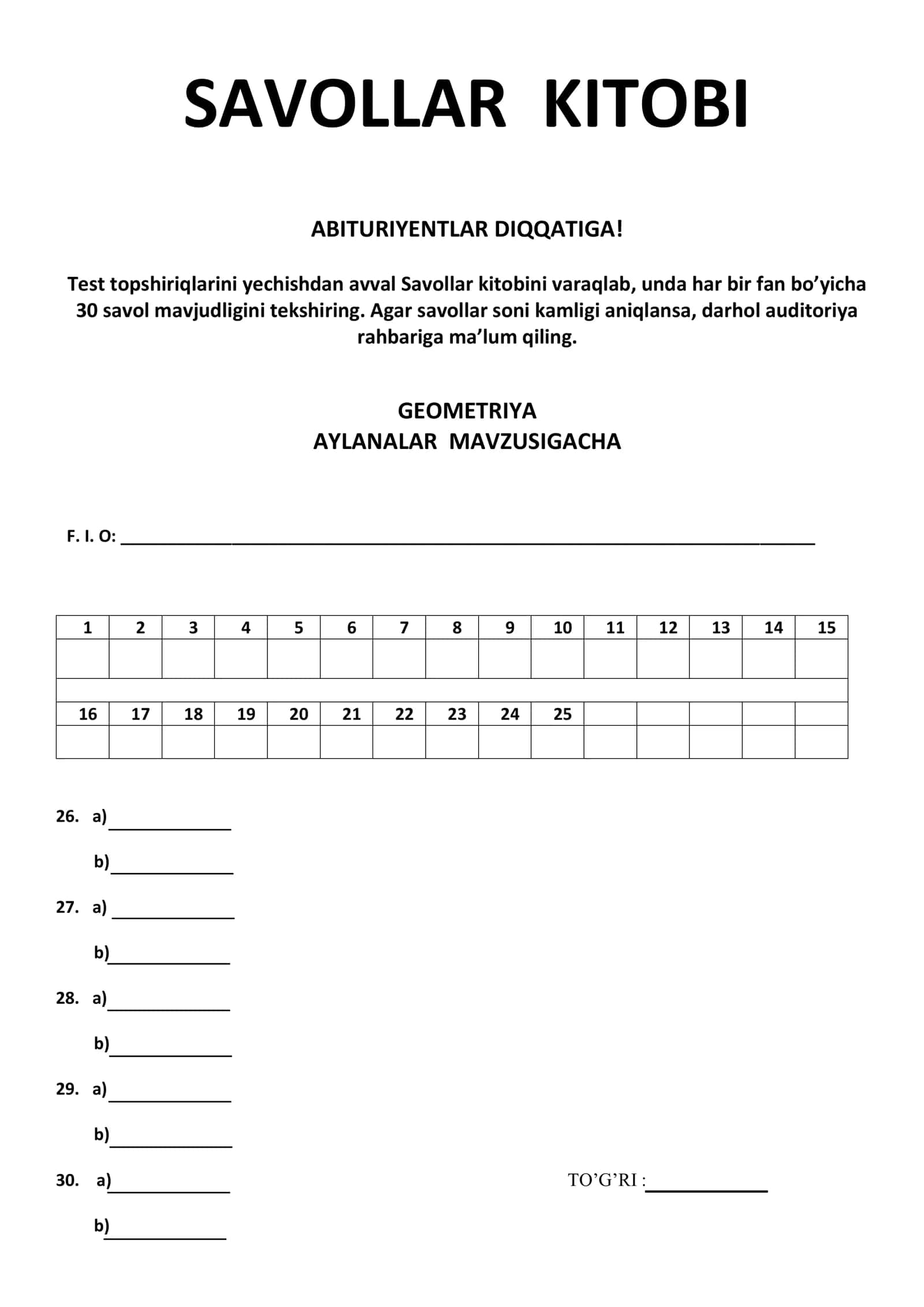 Aylanagacha boʼlgan mavzularga mos savollar 1