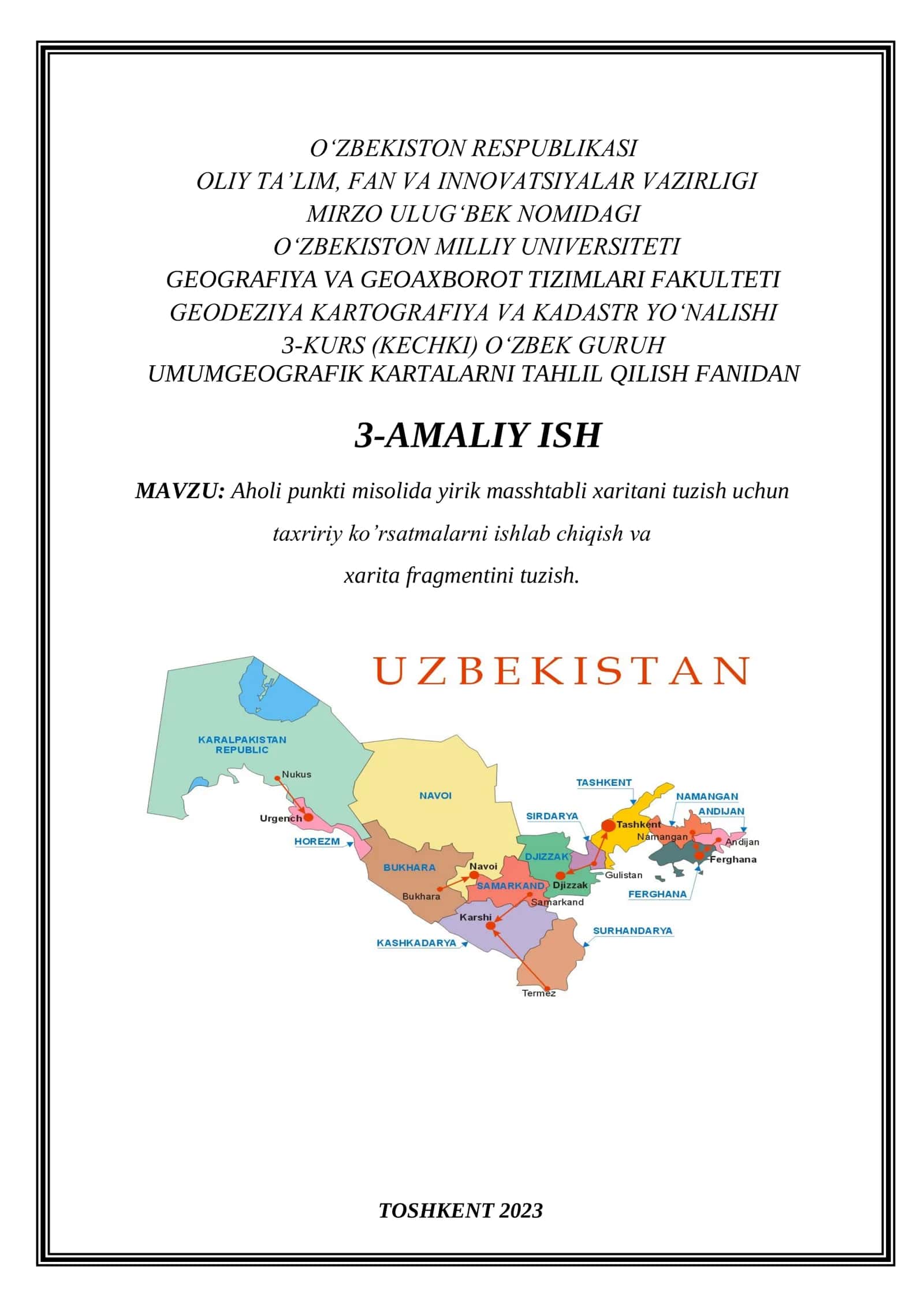 Aholi punkti misolida yirik masshtabli xaritani tuzish uchun taxririy ko’rsatmalarni ishlab chiqish va xarita fragmentini tuzish. 1