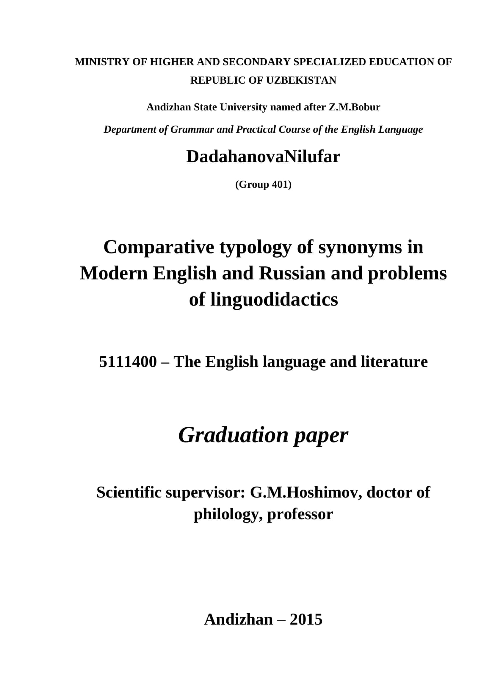 Comparative typology of synonyms in Modern English and Russian and problems of linguodidactics 1