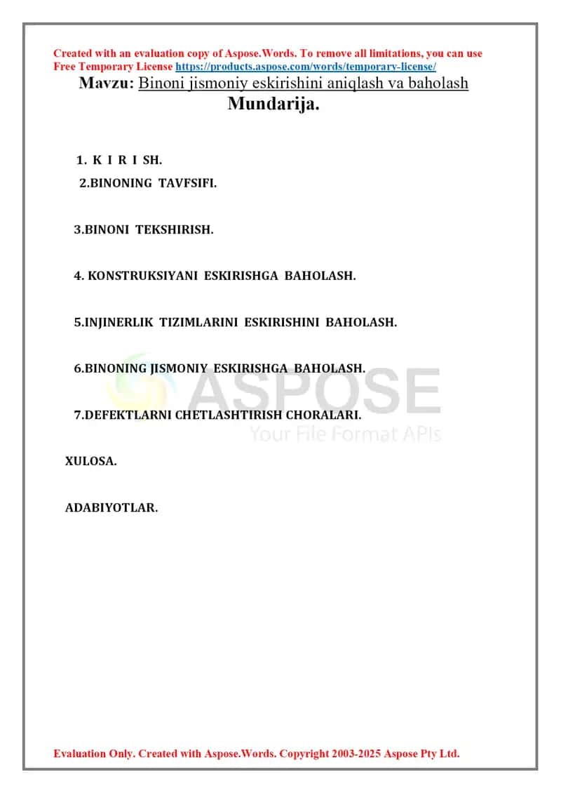 Binoni jismoniy eskirishini aniqlash va baholash 1