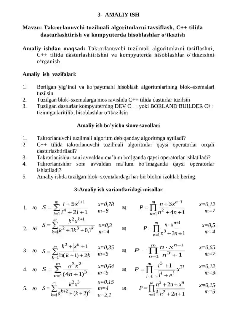 Takrorlanuvchi tuzilmali algoritmlarni tavsiflash, C++ tilida dasturlashtirish va kompyuterda hisoblashlar o‘tkazish
