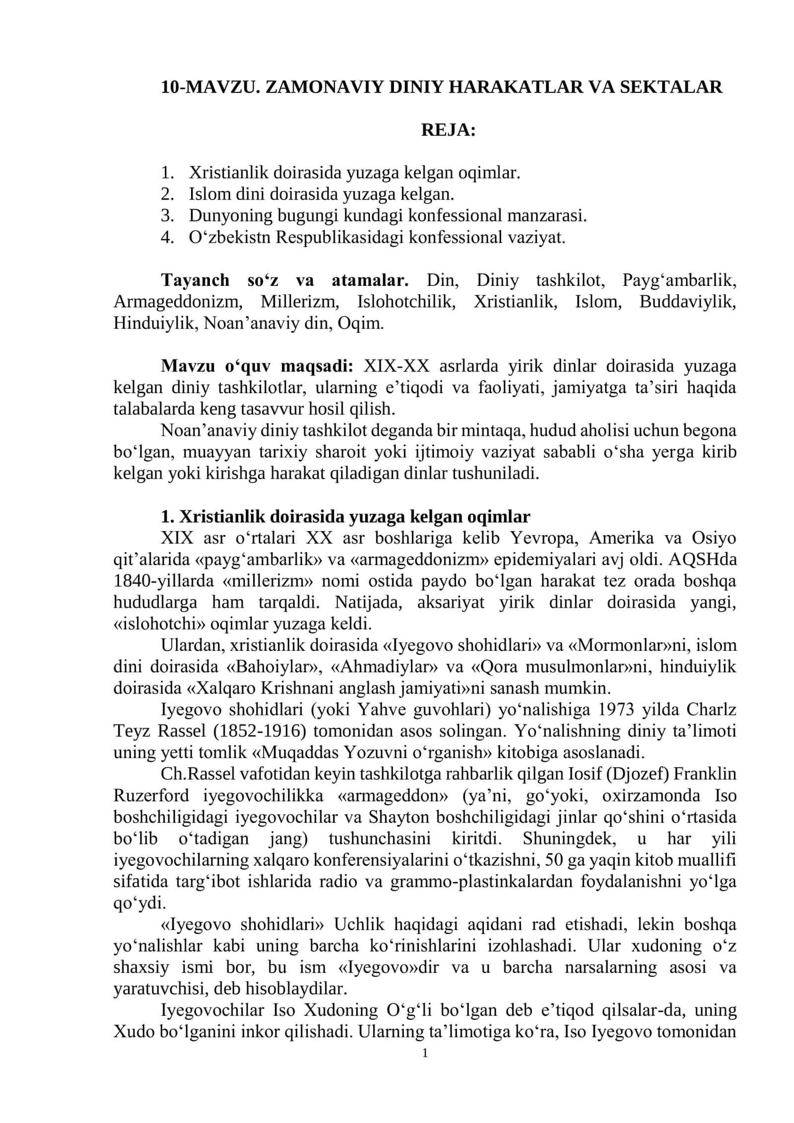 ZAMONAVIY DINIY HARAKATLAR VA SEKTALAR 1