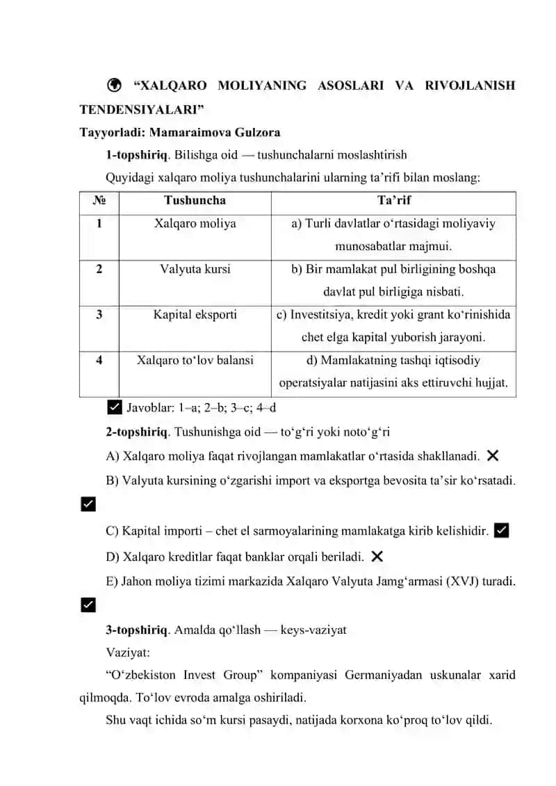 XALQARO MOLIYANING ASOSLARI VA RIVOJLANISH TENDENSIYALARI