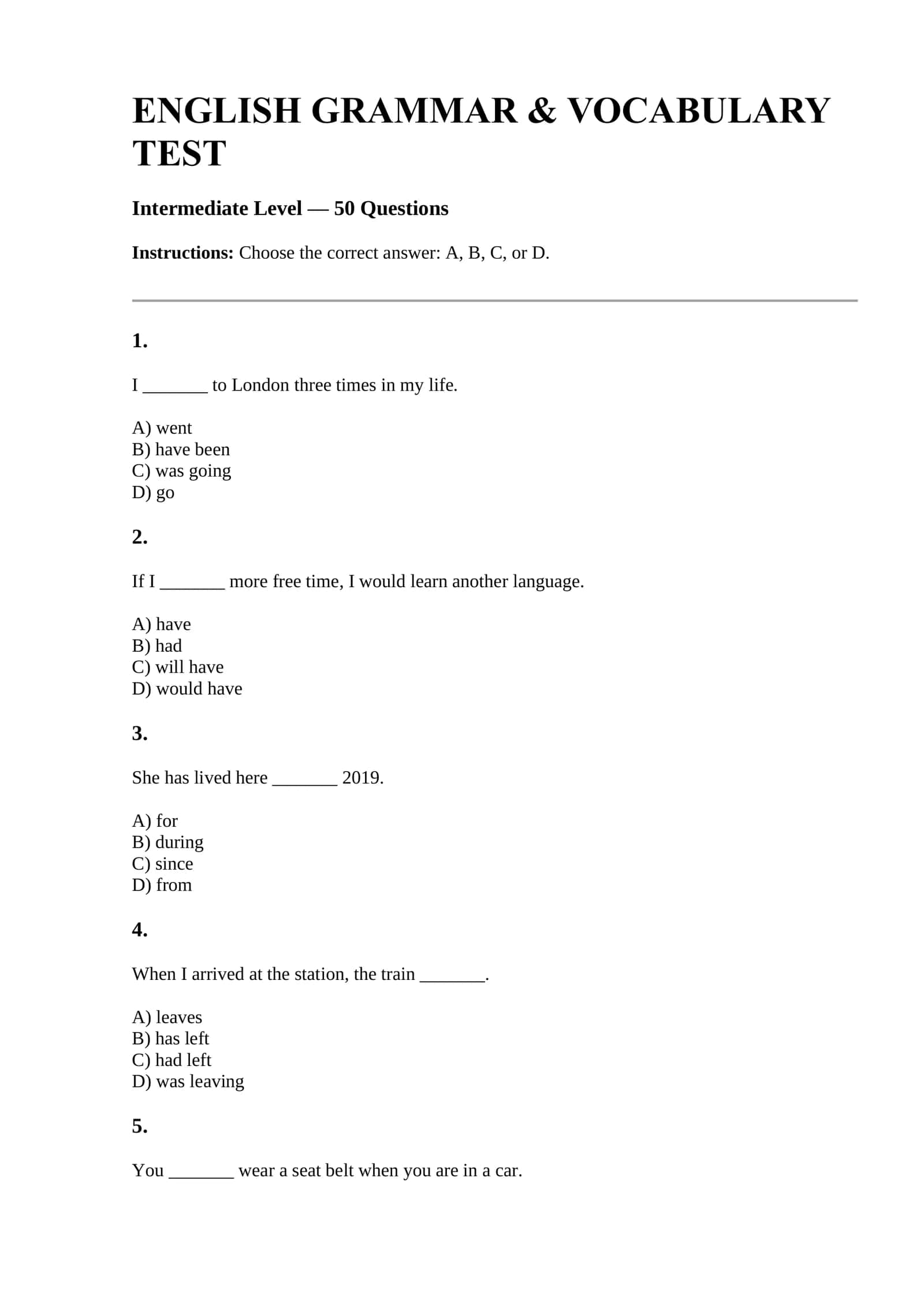 “English Grammar & Vocabulary Test — 50 ta Intermediate darajadagi test” 1