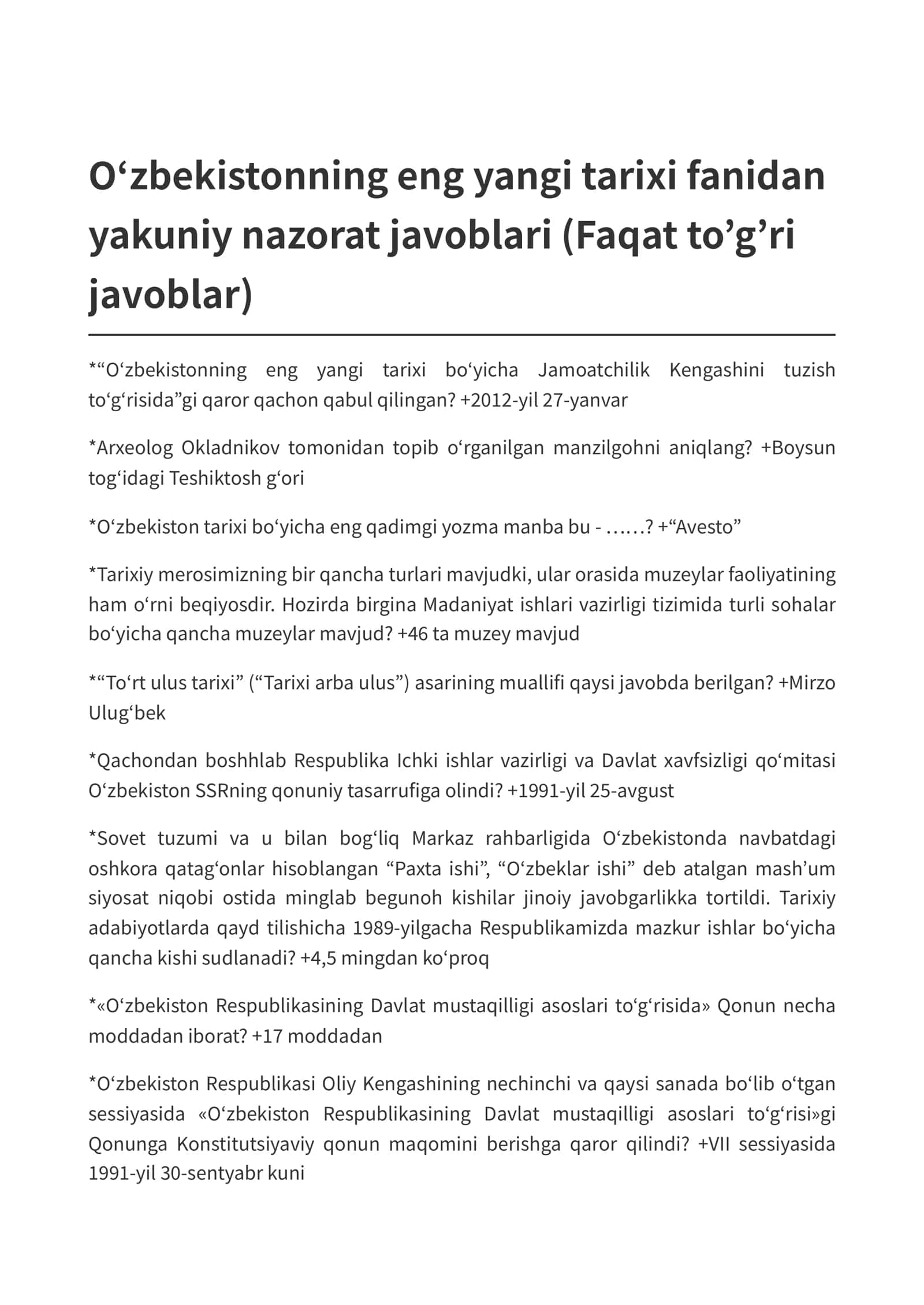 Oʻzbekistonning eng yangi tarixi fanidan yakuniy nazorat javoblari 1