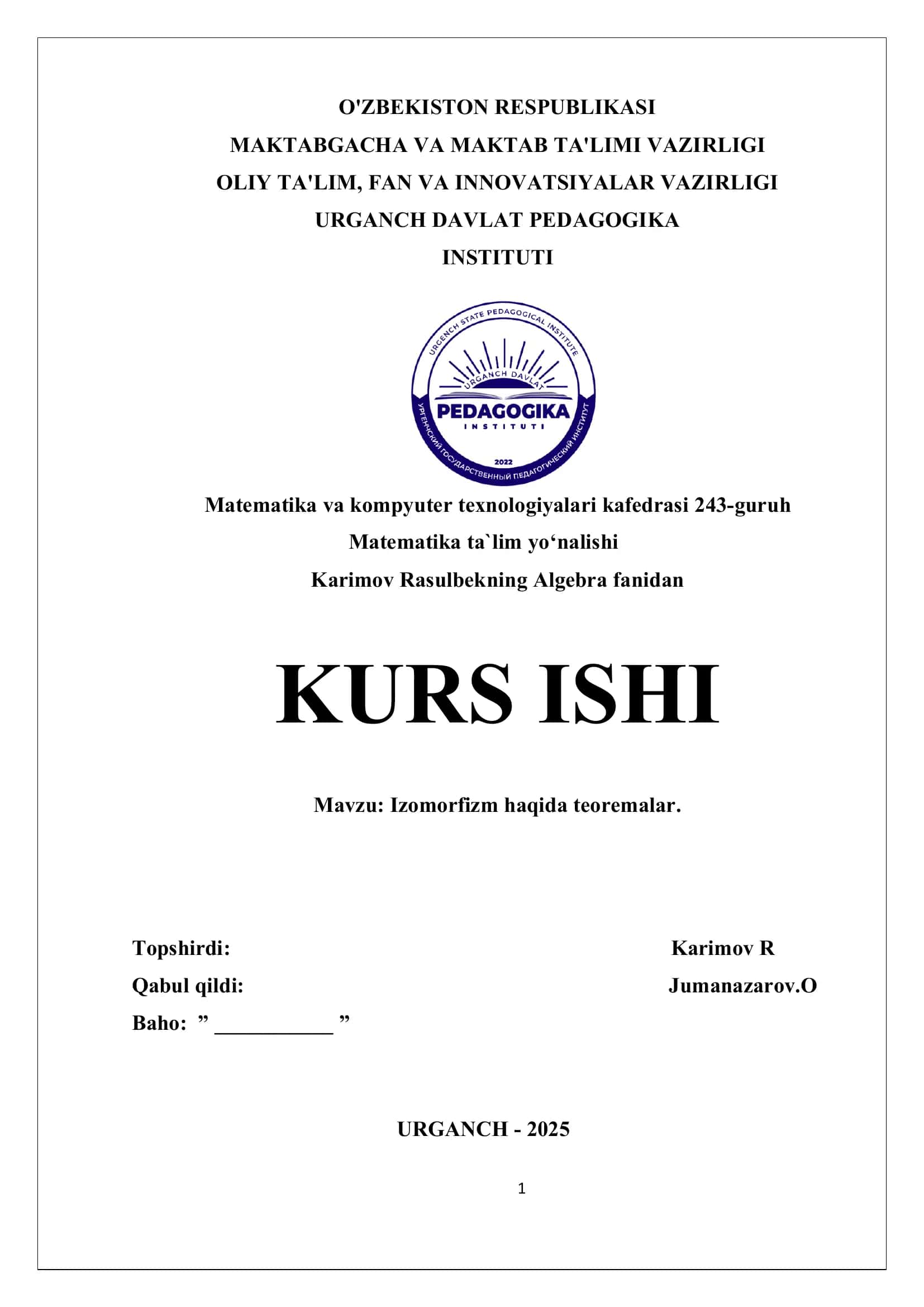 Izomorfizm haqida teoremalar KURS ISHI 1