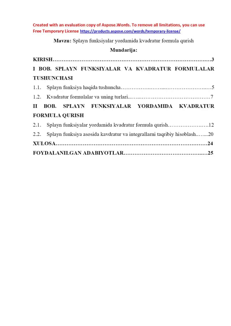 Splayn funksiyalar yordamida kvadratur formula qurish 1