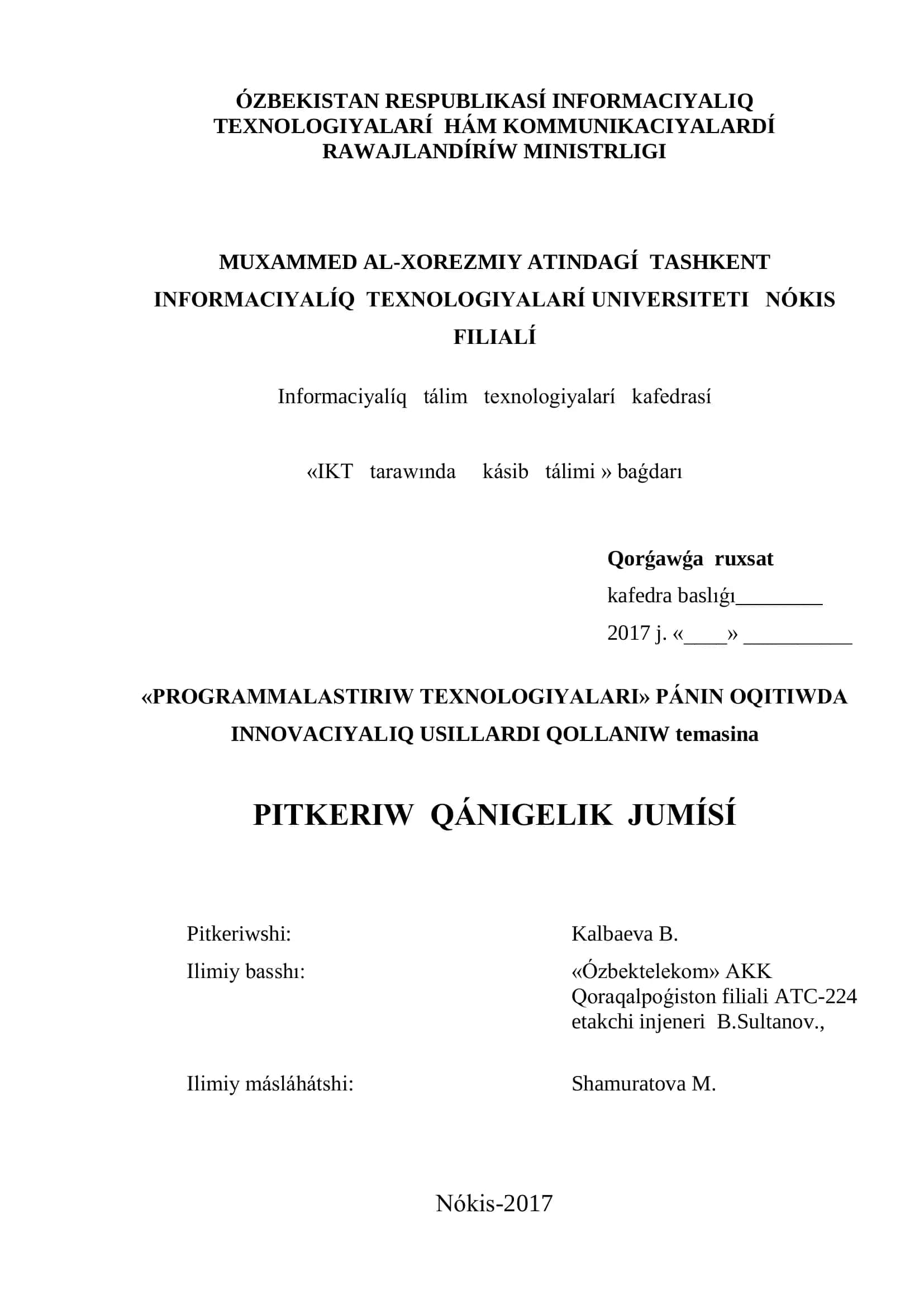 PROGRAMMALASTIRIW TEXNOLOGIYALARI 1