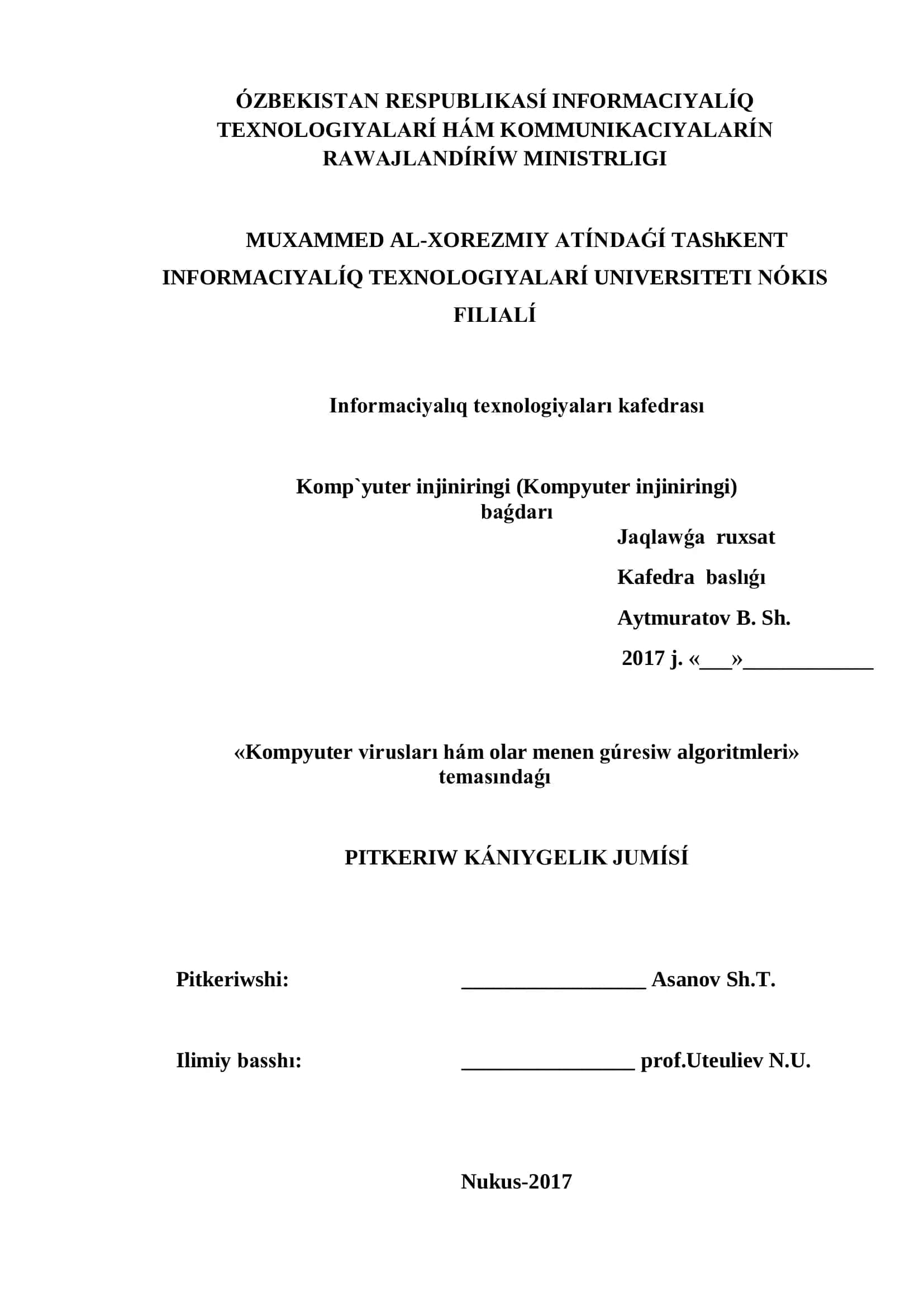 Kompyuter viruslari ham olar menen guresiw algoritmleri 1