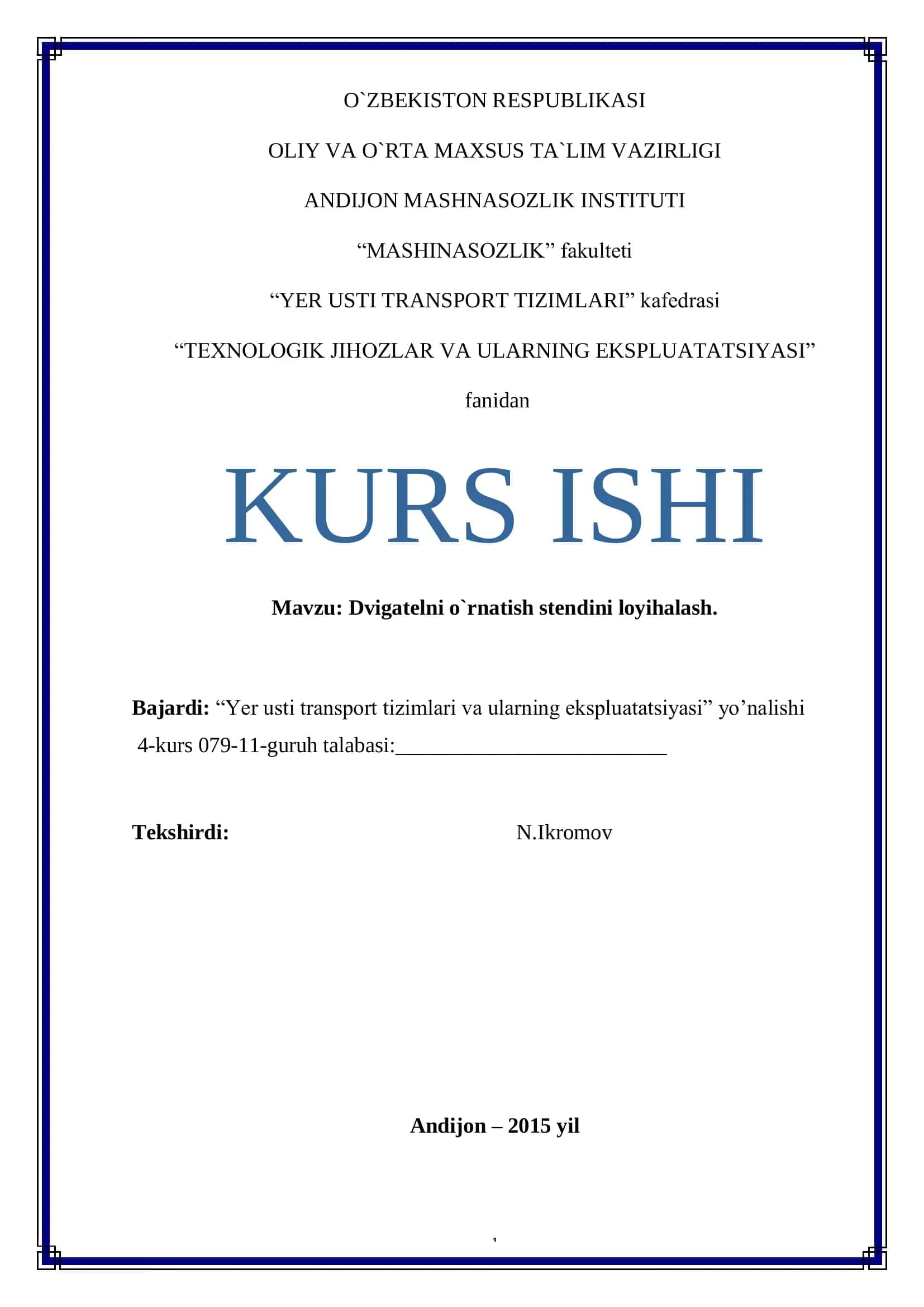Dvigatelni o`rnatish stendini loyihalash 1