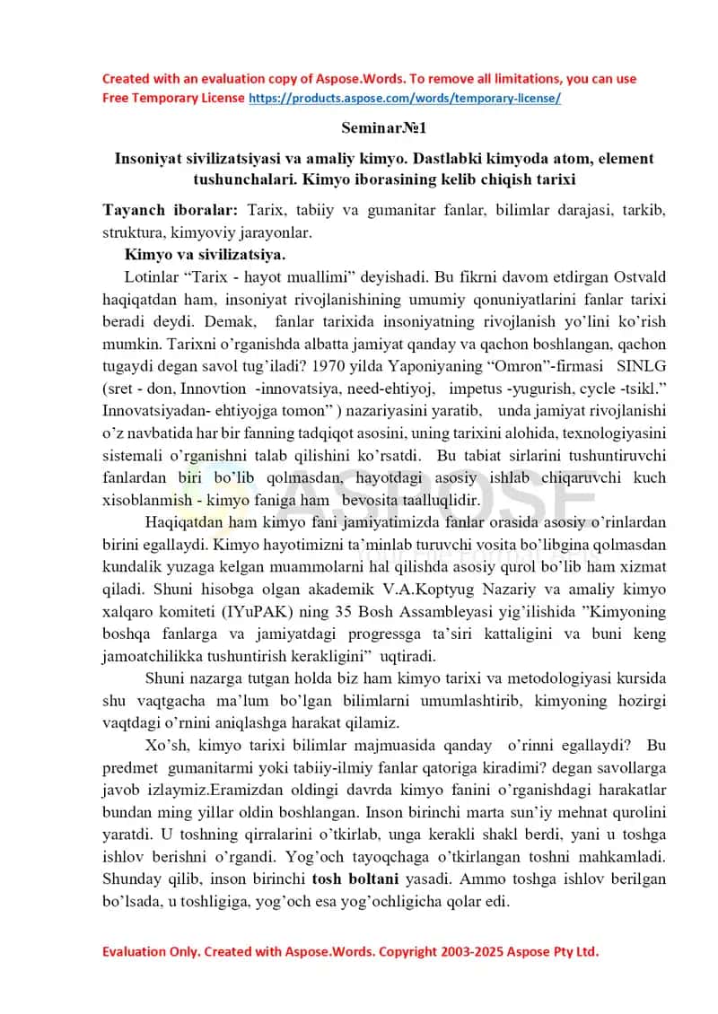 Seminar№1 “Insoniyat sivilizatsiyasi va amaliy kimyo” 1