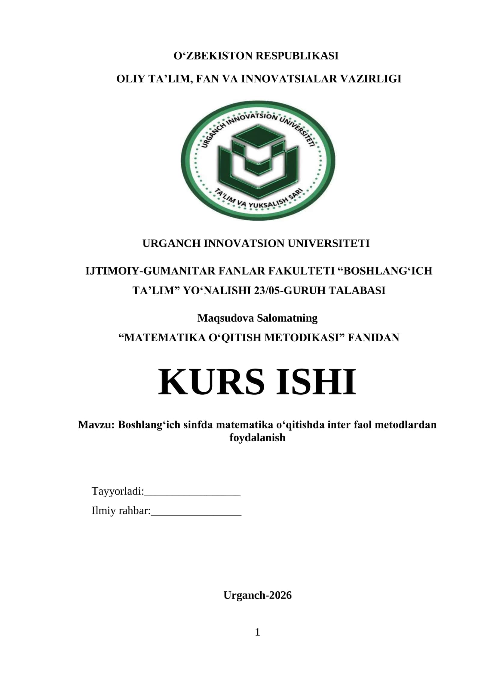 Boshlangʻich sinfda matematika oʻqitishda inter faol metodlardan foydalanish 1