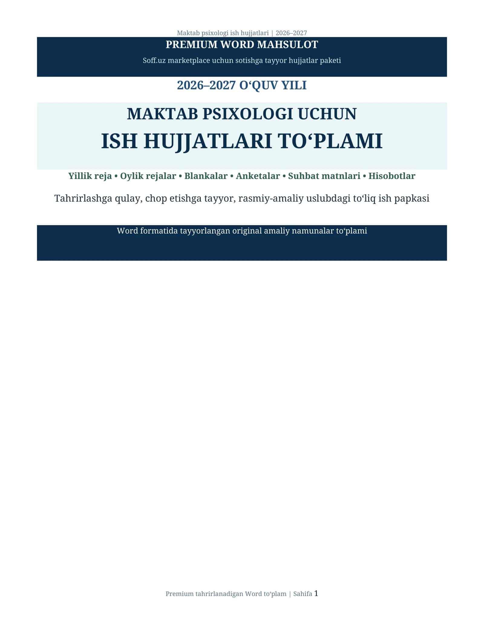 MAKTAB PSIXOLOGI UCHUN ISH HUJJATLARI TO‘PLAMI 1