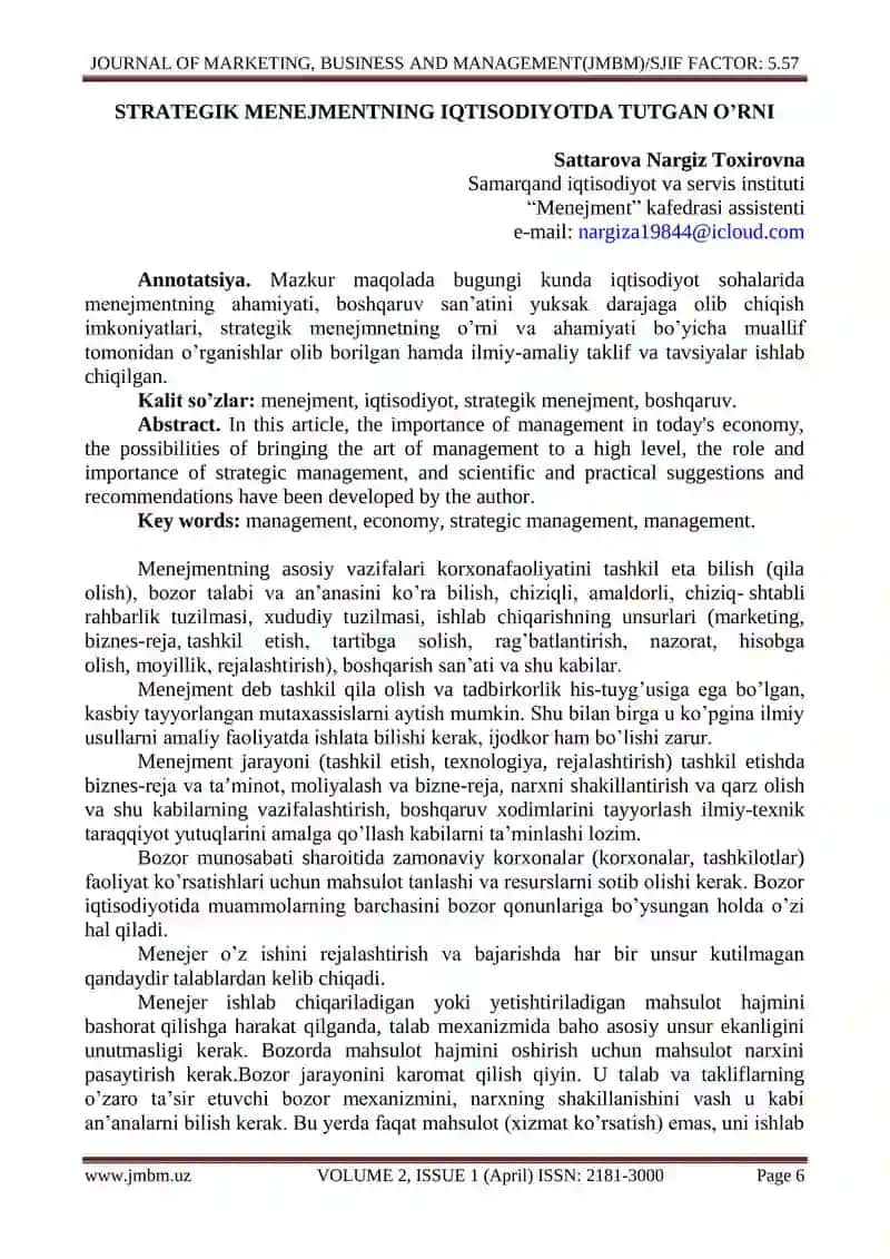 STRATEGIK MENEJMENTNING IQTISODIYOTDA TUTGAN O’RNI