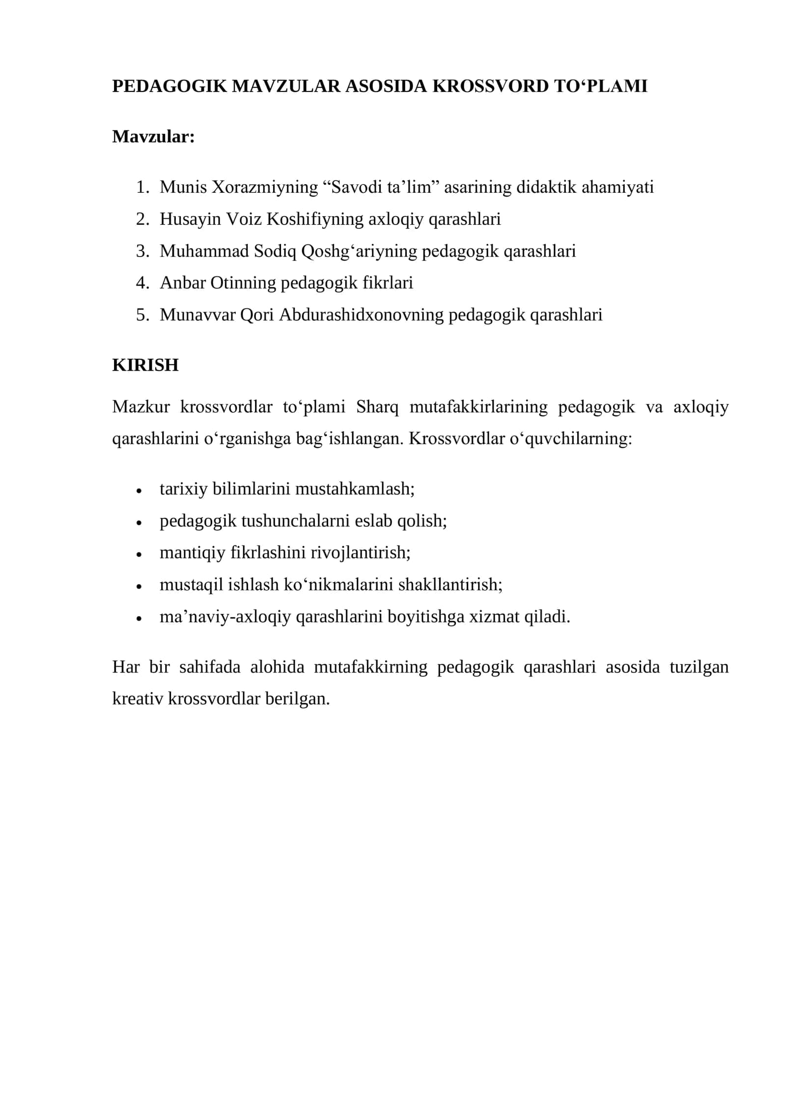 PEDAGOGIK MAVZULAR ASOSIDA KROSSVORD TO‘PLAMI 1