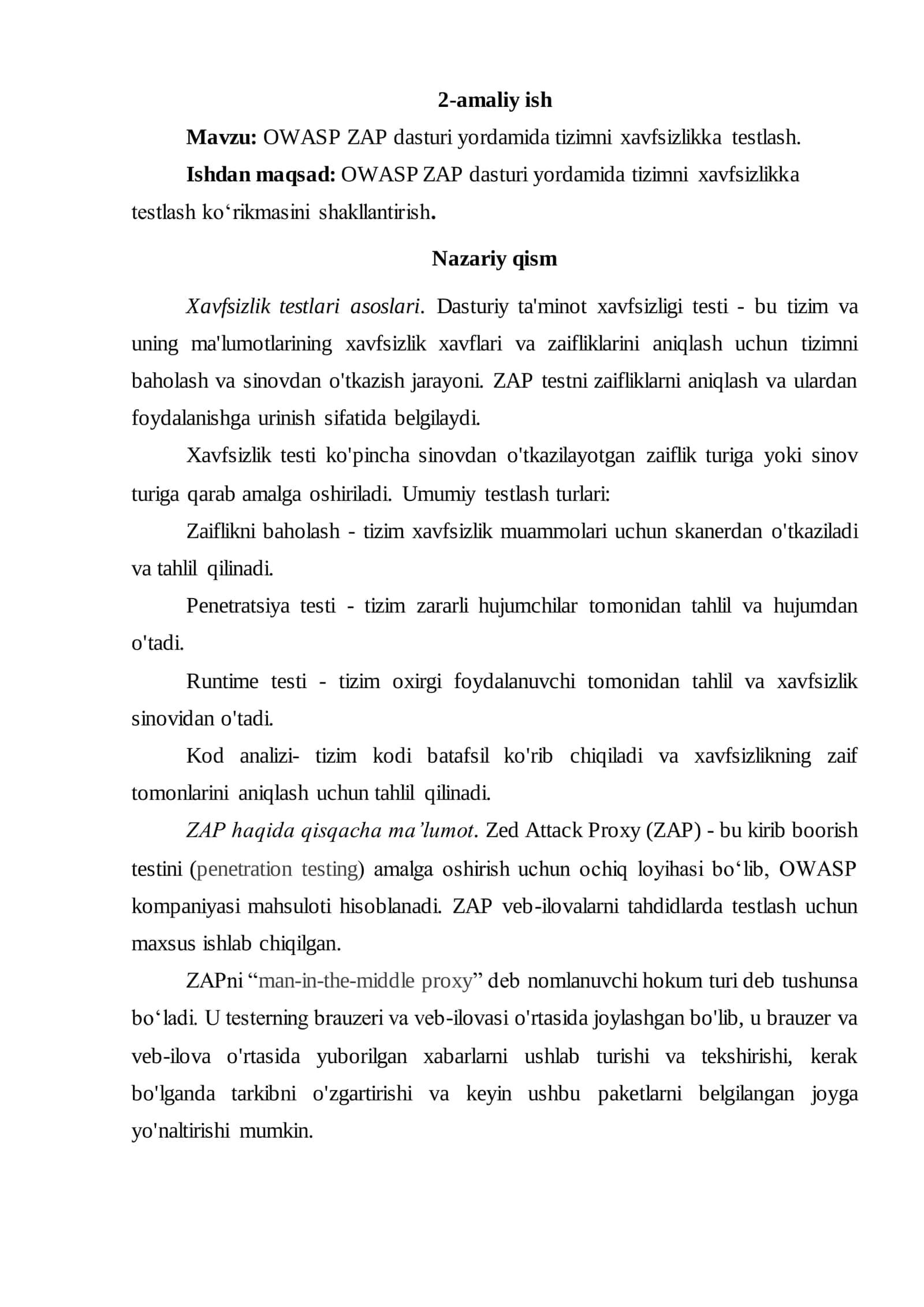 OWASP ZAP dasturi yordamida tizimni xavfsizlikka testlash 1
