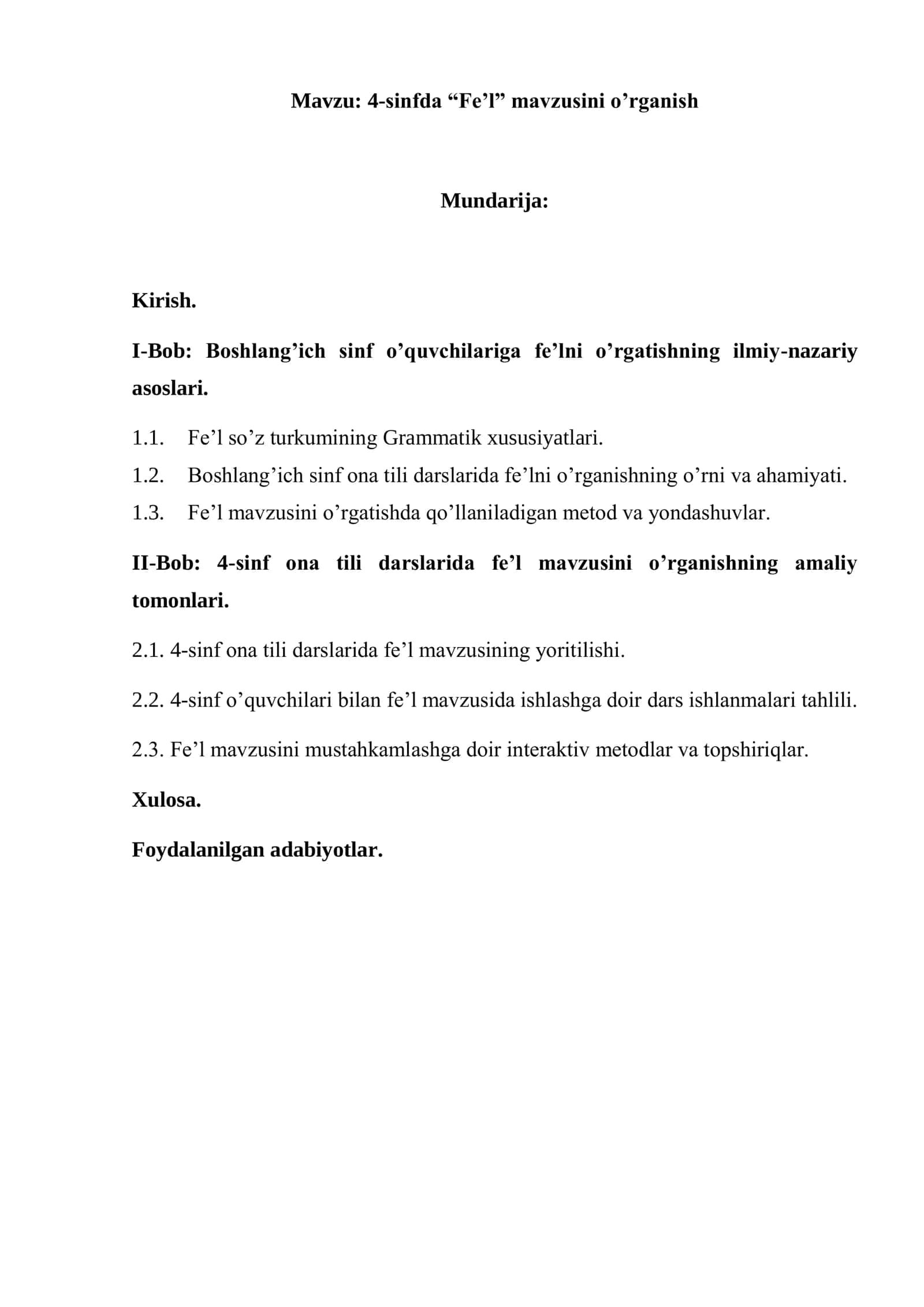 4-sinfda “Fe’l” mavzusini o’rganish 1