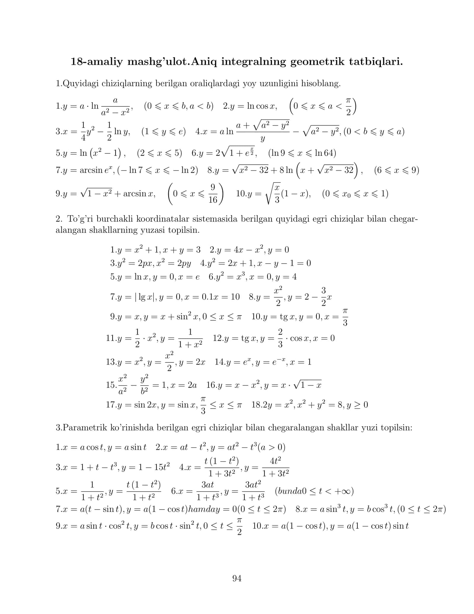 18-amaliy mashg’ulot.Aniq integralning geometrik tatbiqlari 1