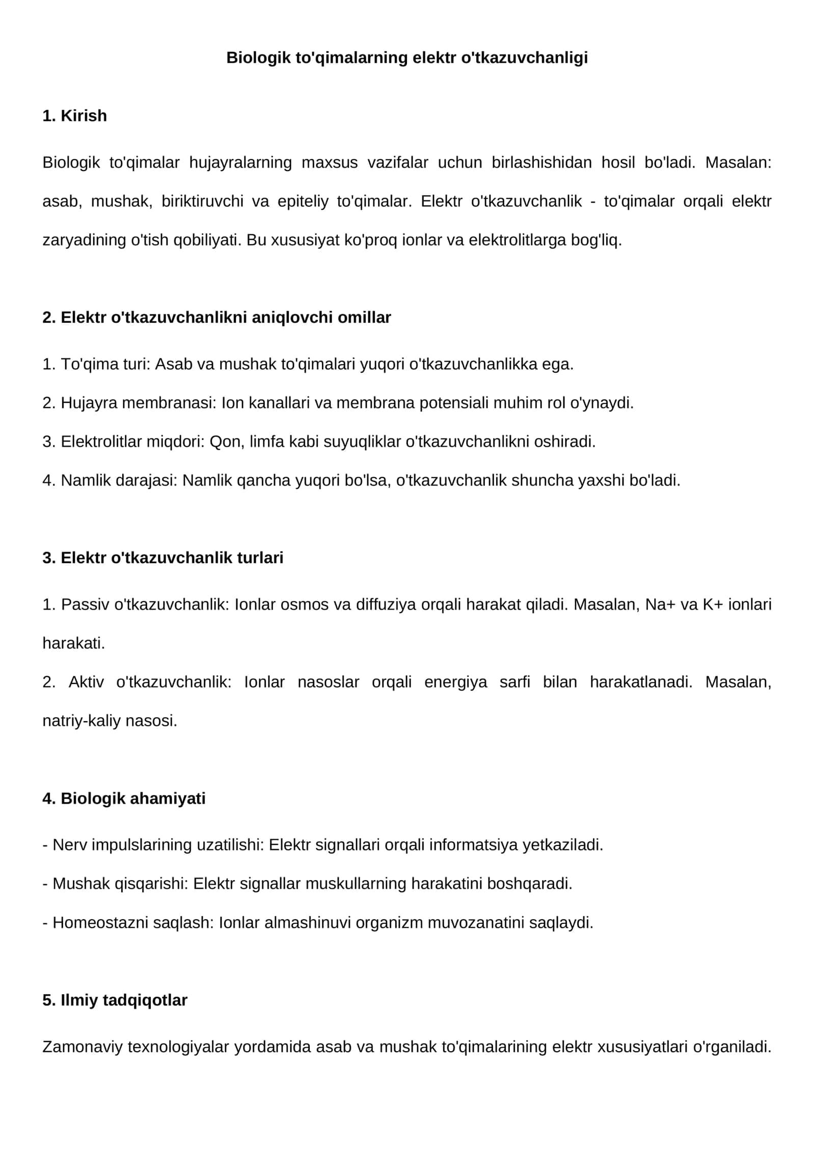 Biologik to'qimalarning elektr o'tkazuvchanligi 1