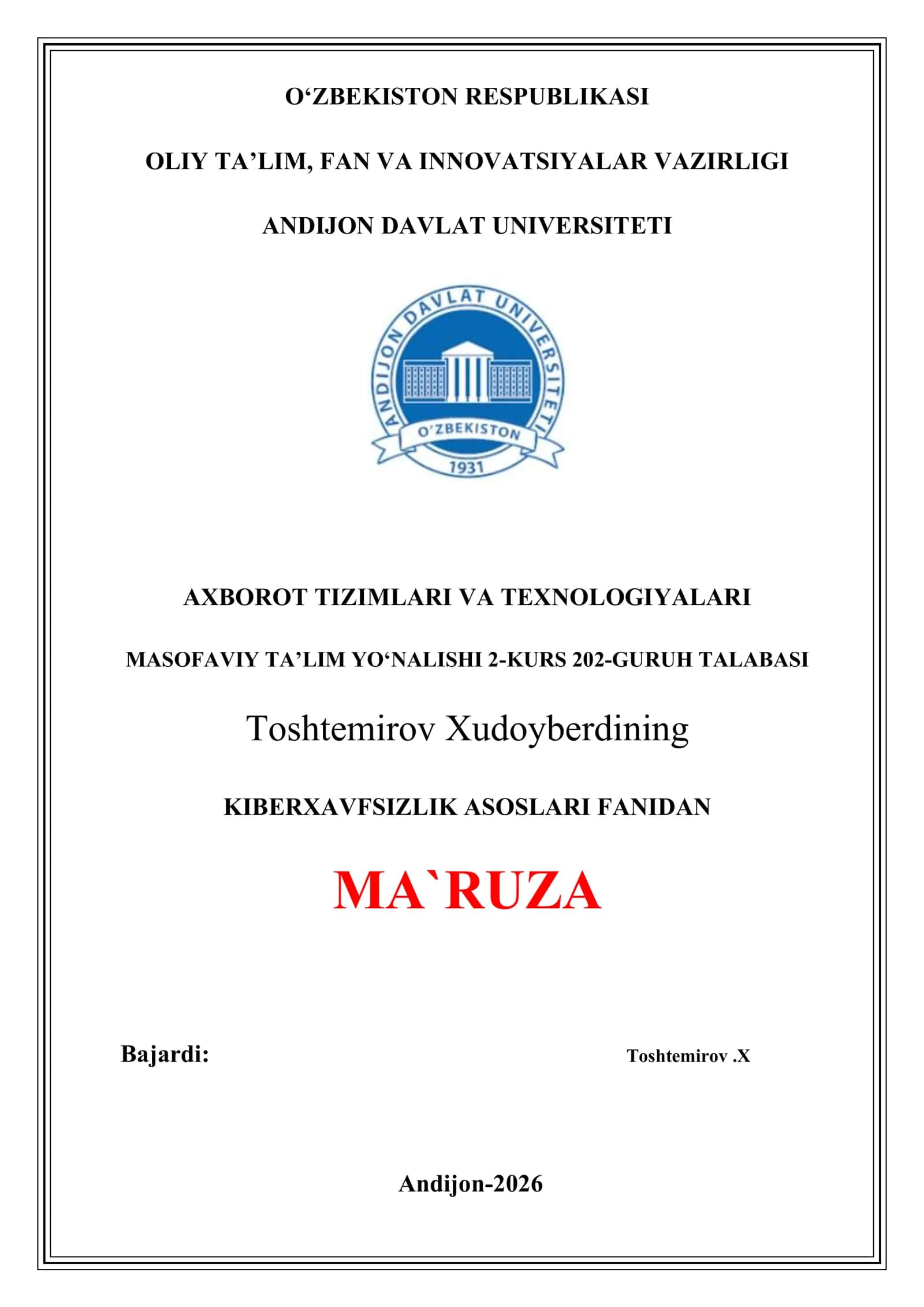 KIBERXAVFSIZLIK ASOSLARI FANIDAN MA`RUZA 1
